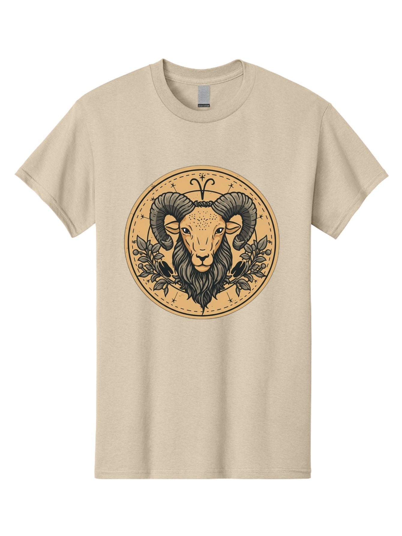 Aries-Zodiac-Sign-1 Men'S Graphic Tee, 100% Cotton, Comfortable Casual Summer Wear, Machine Washable, Aries Zodiac Sign, Ram Symbol, Astrological Illustration, Black And Beige Design, Floral Elements, Stars And Constellations, Bae119 4