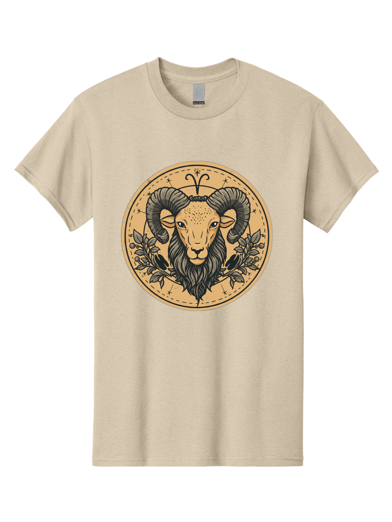 Aries-Zodiac-Sign-1 Men'S Graphic Tee, 100% Cotton, Comfortable Casual Summer Wear, Machine Washable, Aries Zodiac Sign, Ram Symbol, Astrological Illustration, Black And Beige Design, Floral Elements, Stars And Constellations, Bae119 12
