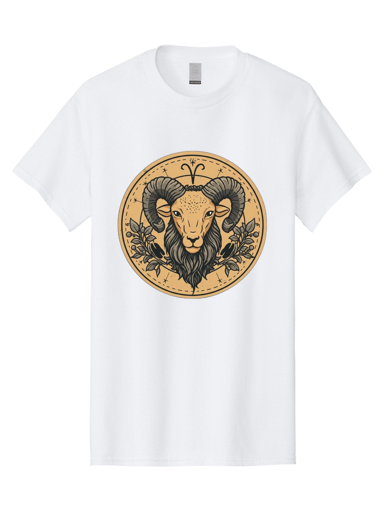 Aries-Zodiac-Sign-1 Men'S Graphic Tee, 100% Cotton, Comfortable Casual Summer Wear, Machine Washable, Aries Zodiac Sign, Ram Symbol, Astrological Illustration, Black And Beige Design, Floral Elements, Stars And Constellations, Bae119