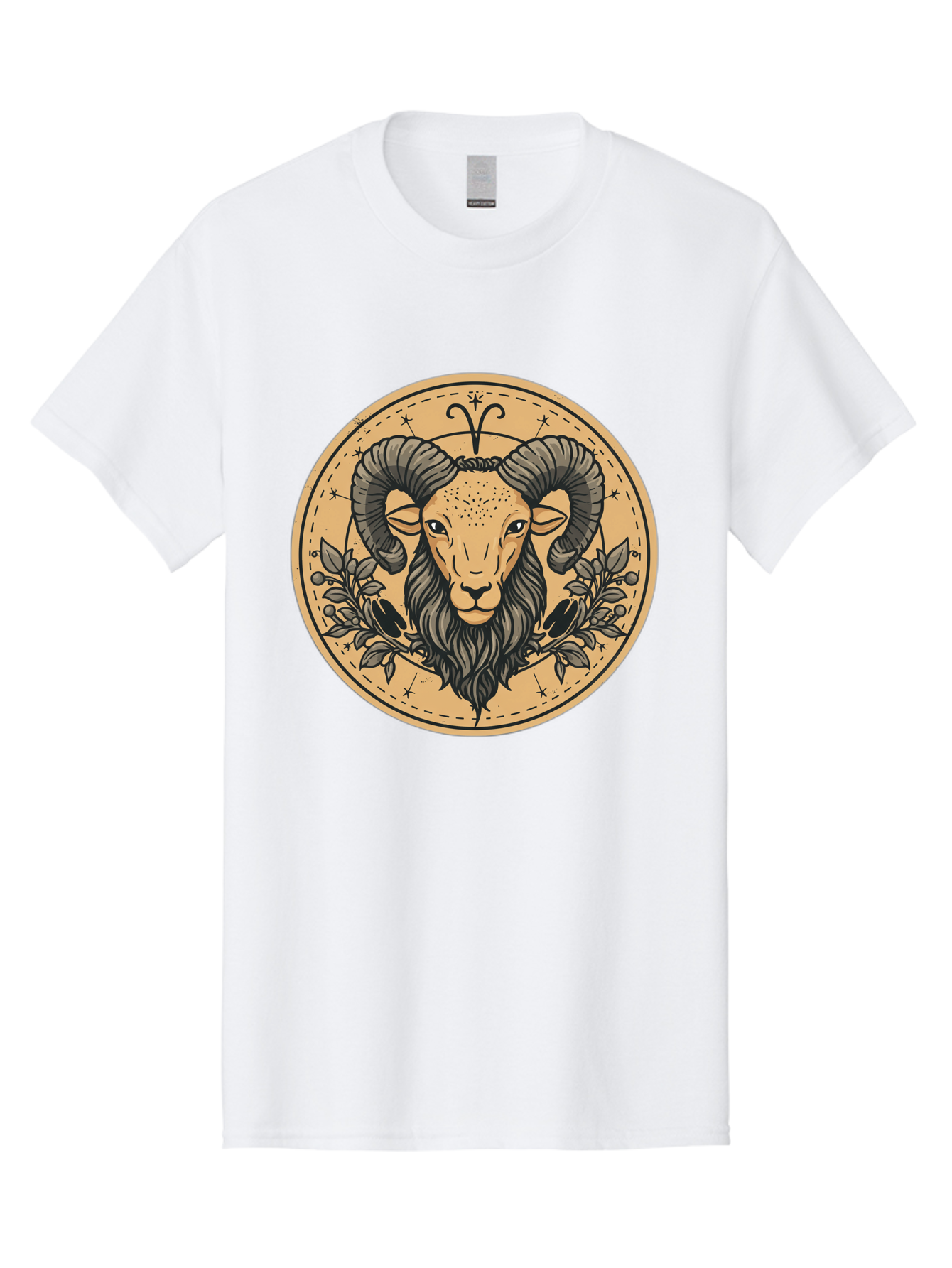 Aries-Zodiac-Sign-1 Men'S Graphic Tee, 100% Cotton, Comfortable Casual Summer Wear, Machine Washable, Aries Zodiac Sign, Ram Symbol, Astrological Illustration, Black And Beige Design, Floral Elements, Stars And Constellations, Bae119 10