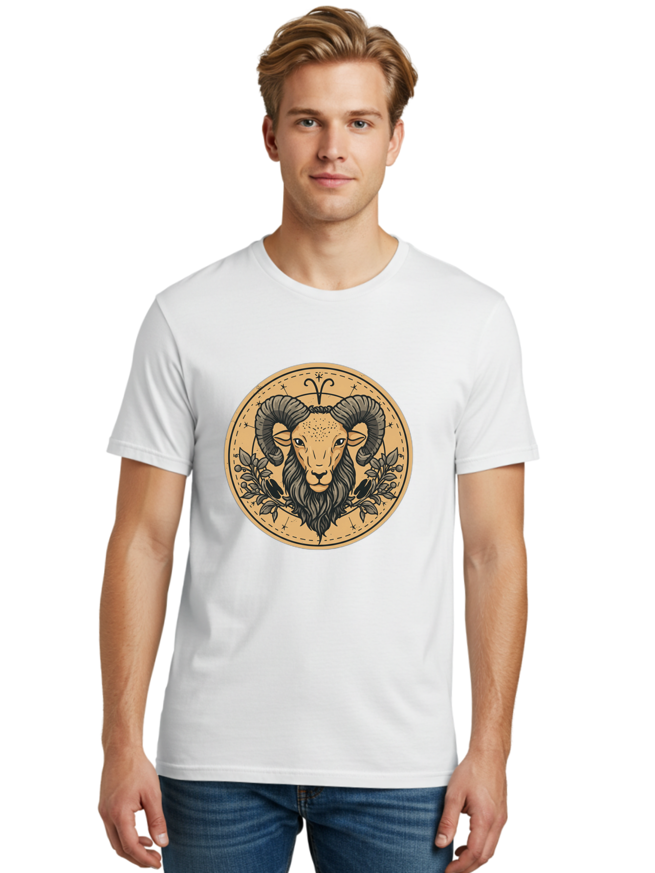 Aries-Zodiac-Sign-1 Men'S Graphic Tee, 100% Cotton, Comfortable Casual Summer Wear, Machine Washable, Aries Zodiac Sign, Ram Symbol, Astrological Illustration, Black And Beige Design, Floral Elements, Stars And Constellations, Bae119 25