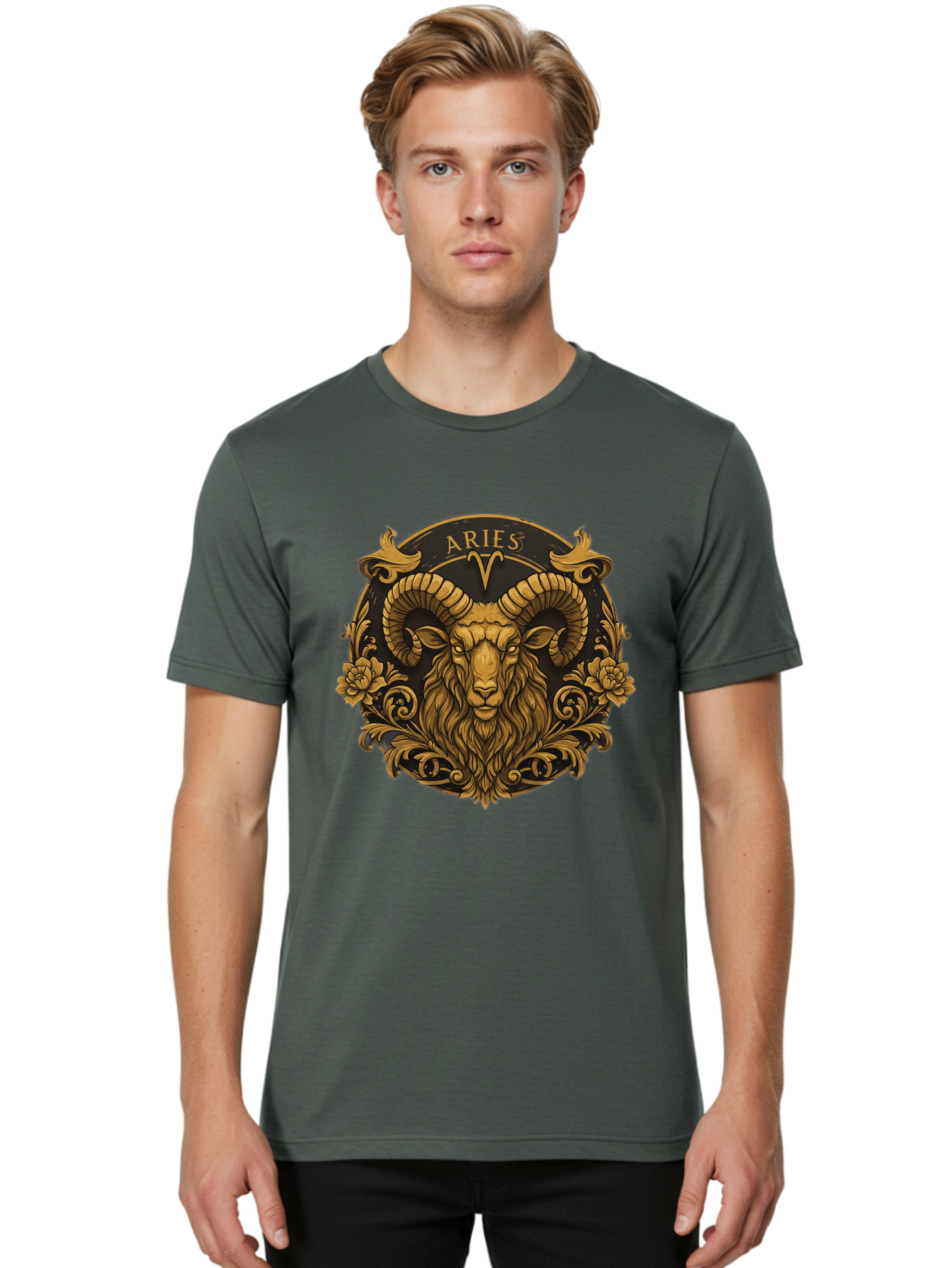Aries-Zodiac-Sign Men'S Graphic Tee, 100% Cotton, Comfortable Casual Summer Wear, Machine Washable, Golden Ram Head, Aries Symbol, Zodiac Sign, Horoscope, Astrology, Mystical, Mystical Creatures, Gold Ornamentation, Floral Patterns, Bae120 17
