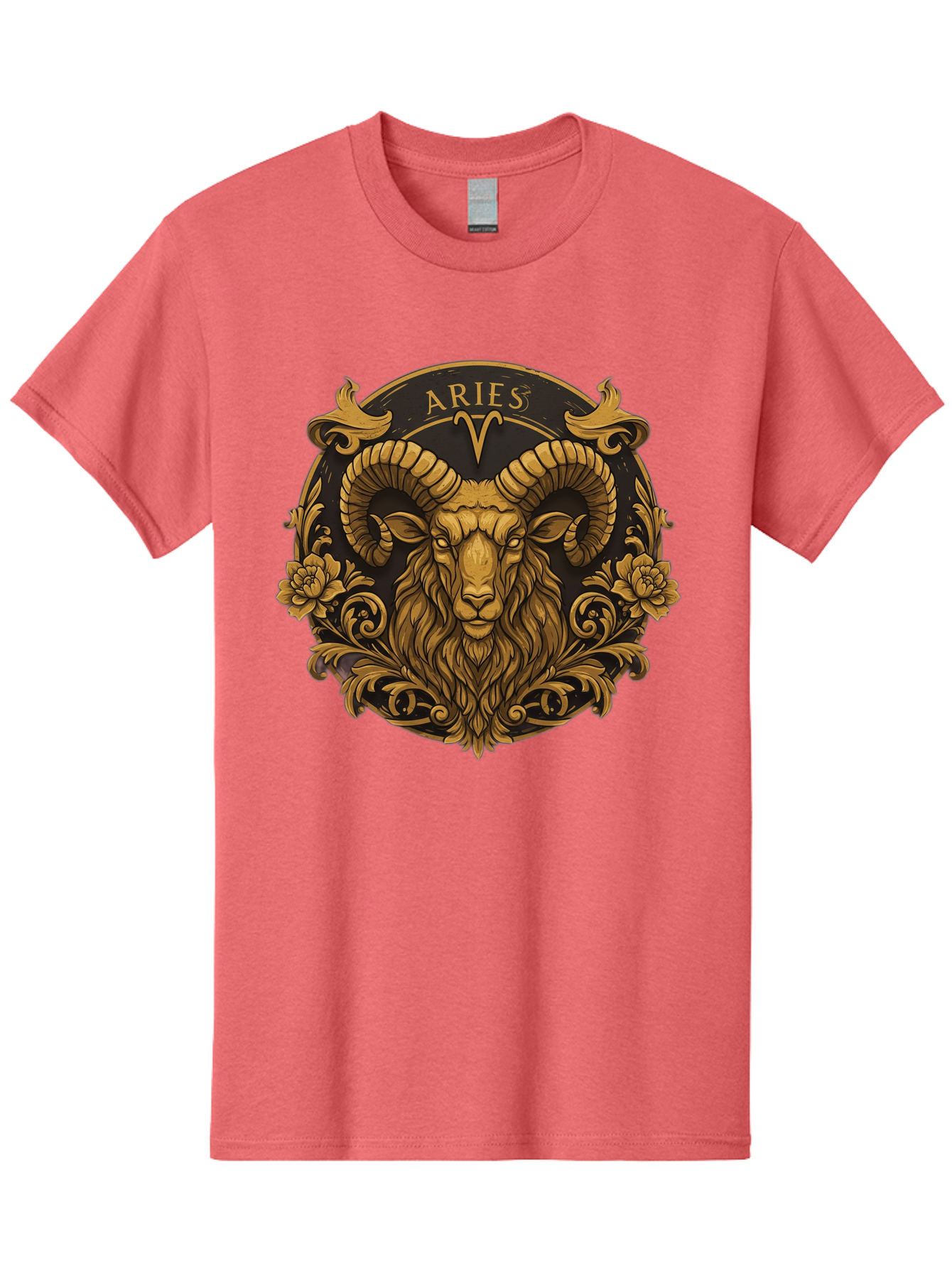 Aries-Zodiac-Sign Men'S Graphic Tee, 100% Cotton, Comfortable Casual Summer Wear, Machine Washable, Golden Ram Head, Aries Symbol, Zodiac Sign, Horoscope, Astrology, Mystical, Mystical Creatures, Gold Ornamentation, Floral Patterns, Bae120 5