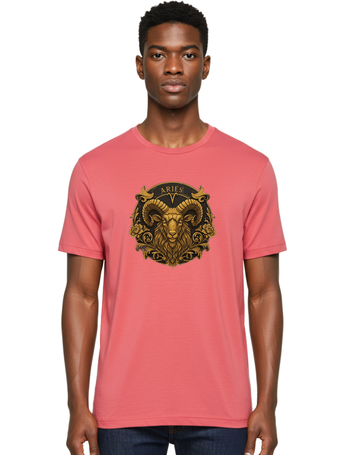 Aries-Zodiac-Sign Men'S Graphic Tee, 100% Cotton, Comfortable Casual Summer Wear, Machine Washable, Golden Ram Head, Aries Symbol, Zodiac Sign, Horoscope, Astrology, Mystical, Mystical Creatures, Gold Ornamentation, Floral Patterns, Bae120 20