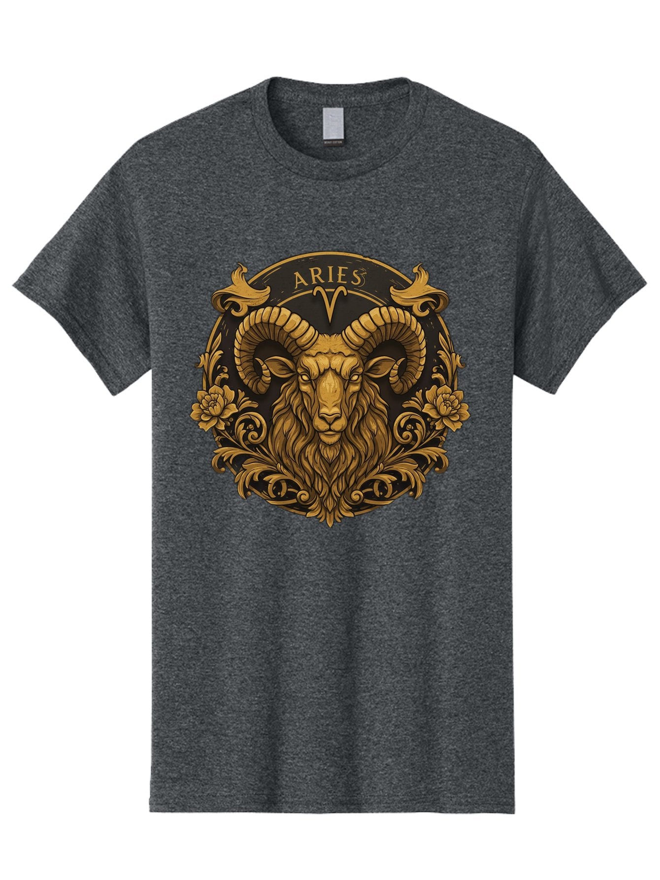 Aries-Zodiac-Sign Men'S Graphic Tee, 100% Cotton, Comfortable Casual Summer Wear, Machine Washable, Golden Ram Head, Aries Symbol, Zodiac Sign, Horoscope, Astrology, Mystical, Mystical Creatures, Gold Ornamentation, Floral Patterns, Bae120