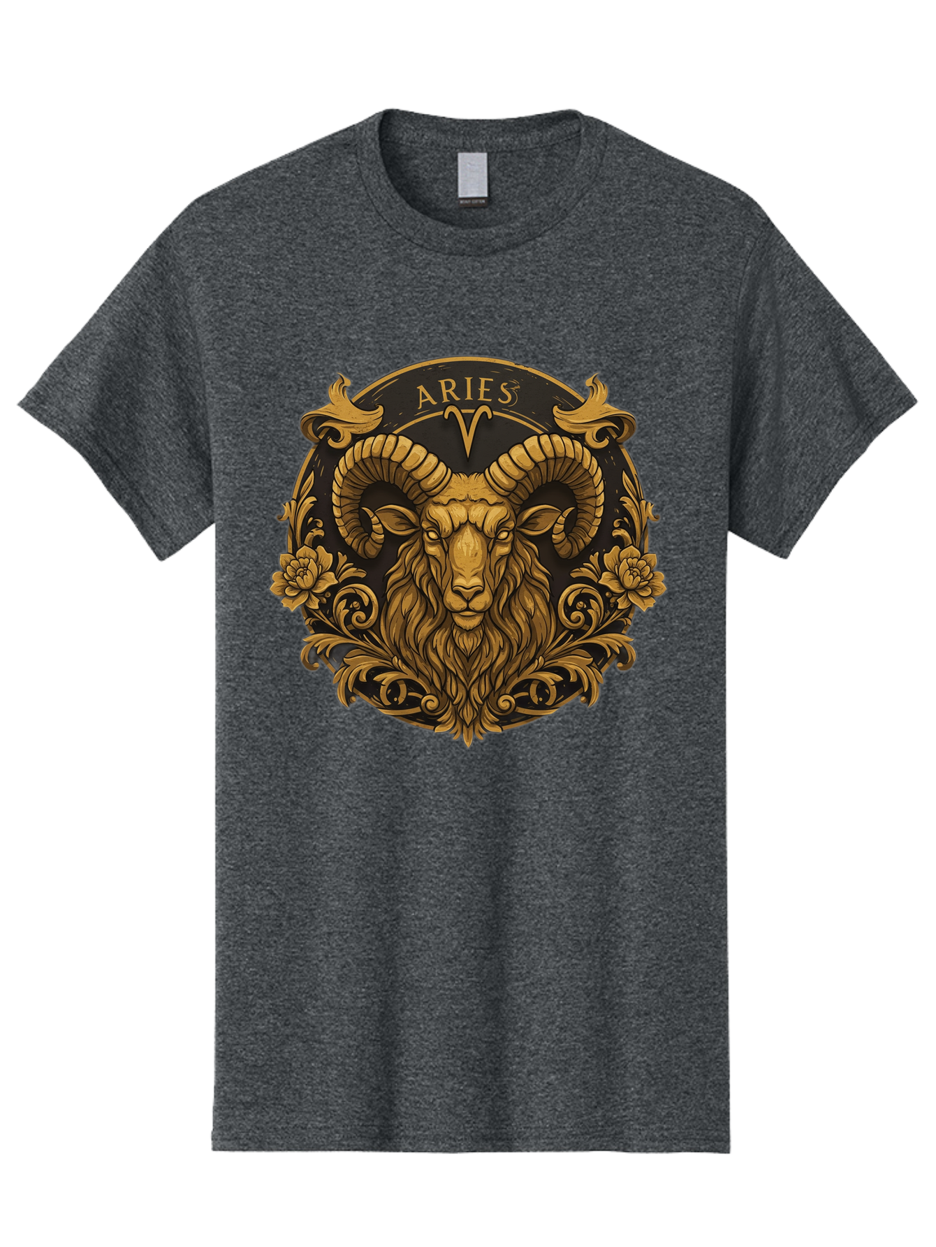 Aries-Zodiac-Sign Men'S Graphic Tee, 100% Cotton, Comfortable Casual Summer Wear, Machine Washable, Golden Ram Head, Aries Symbol, Zodiac Sign, Horoscope, Astrology, Mystical, Mystical Creatures, Gold Ornamentation, Floral Patterns, Bae120 11