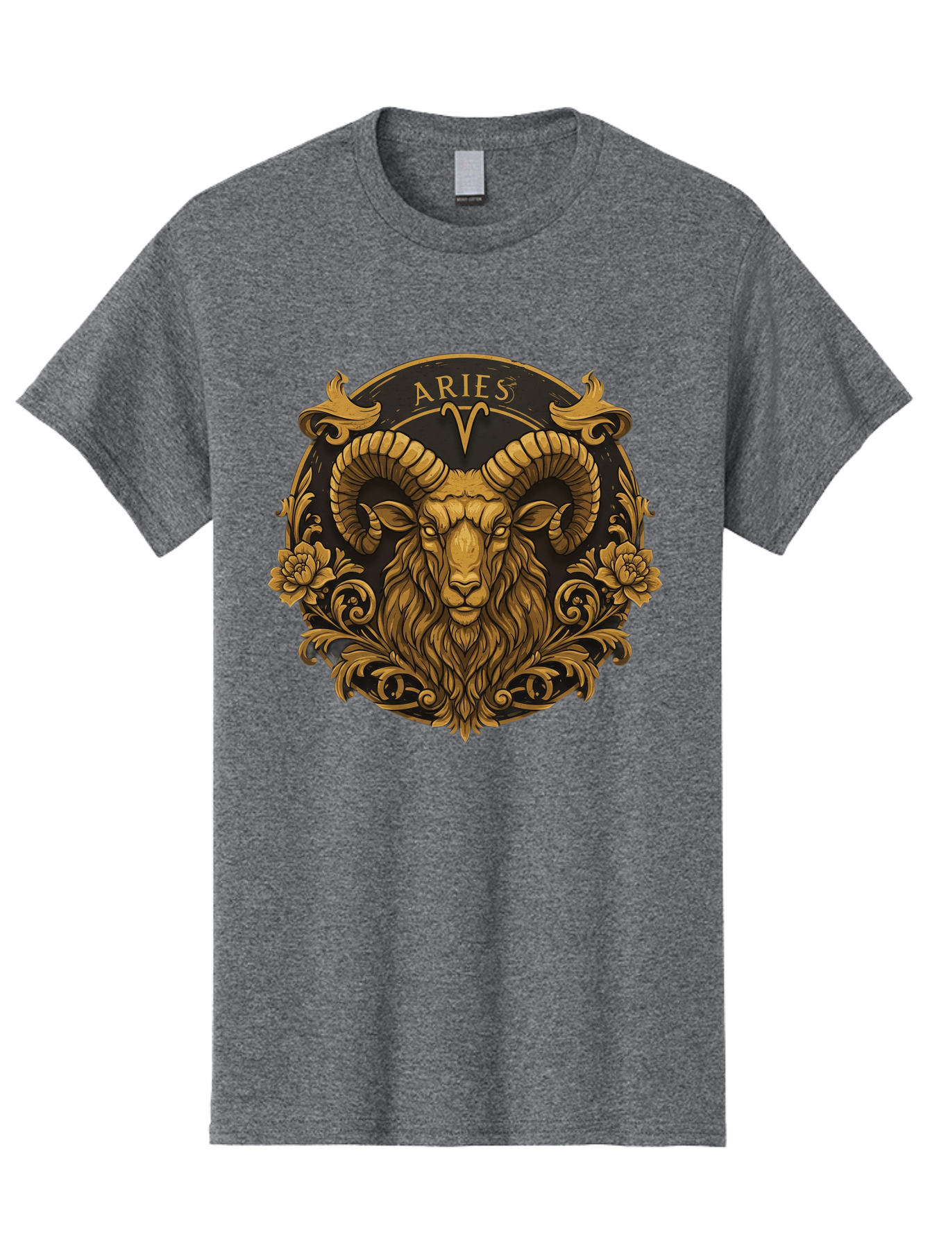 Aries-Zodiac-Sign Men'S Graphic Tee, 100% Cotton, Comfortable Casual Summer Wear, Machine Washable, Golden Ram Head, Aries Symbol, Zodiac Sign, Horoscope, Astrology, Mystical, Mystical Creatures, Gold Ornamentation, Floral Patterns, Bae120 3