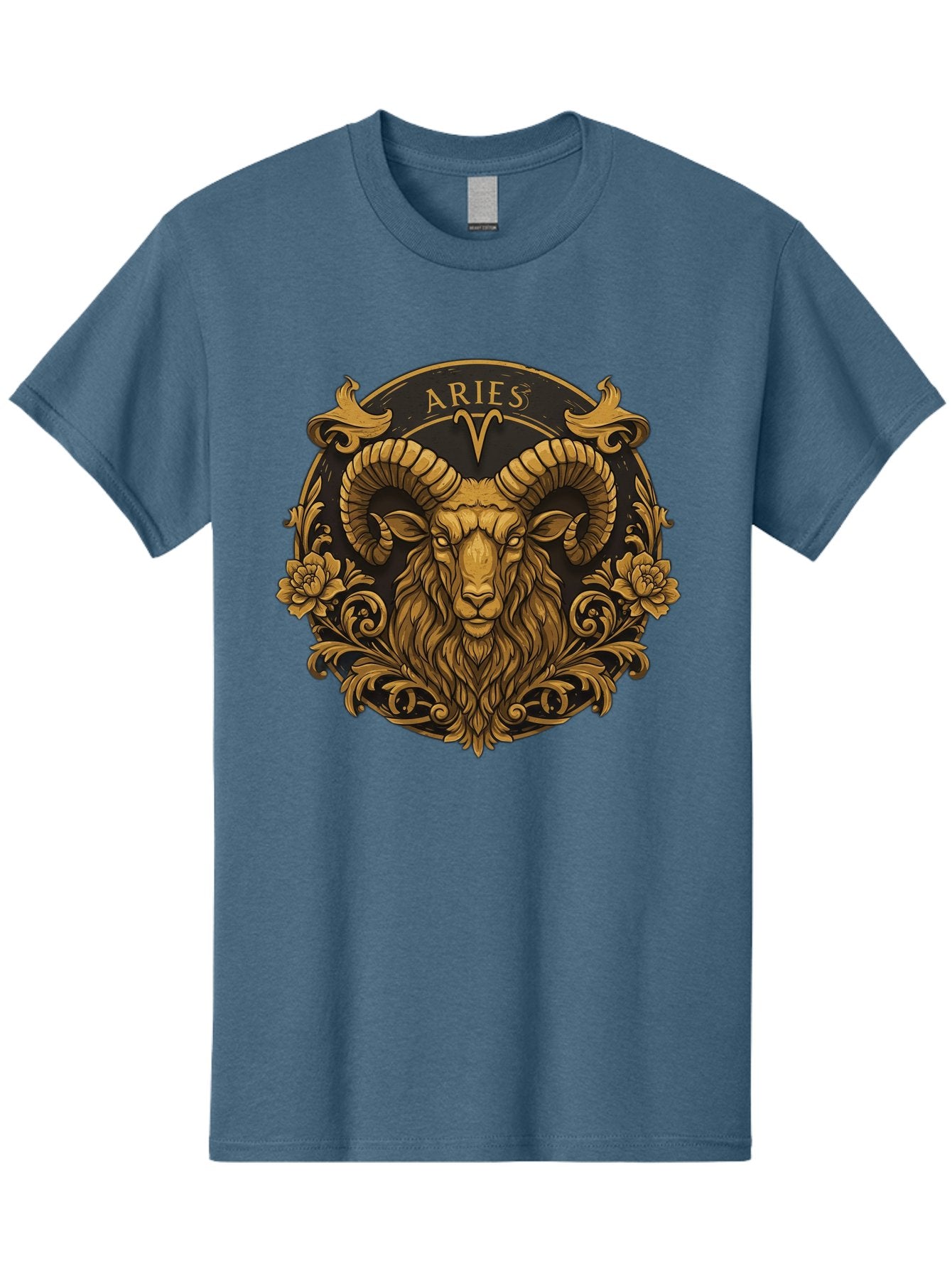 Aries-Zodiac-Sign Men'S Graphic Tee, 100% Cotton, Comfortable Casual Summer Wear, Machine Washable, Golden Ram Head, Aries Symbol, Zodiac Sign, Horoscope, Astrology, Mystical, Mystical Creatures, Gold Ornamentation, Floral Patterns, Bae120 7