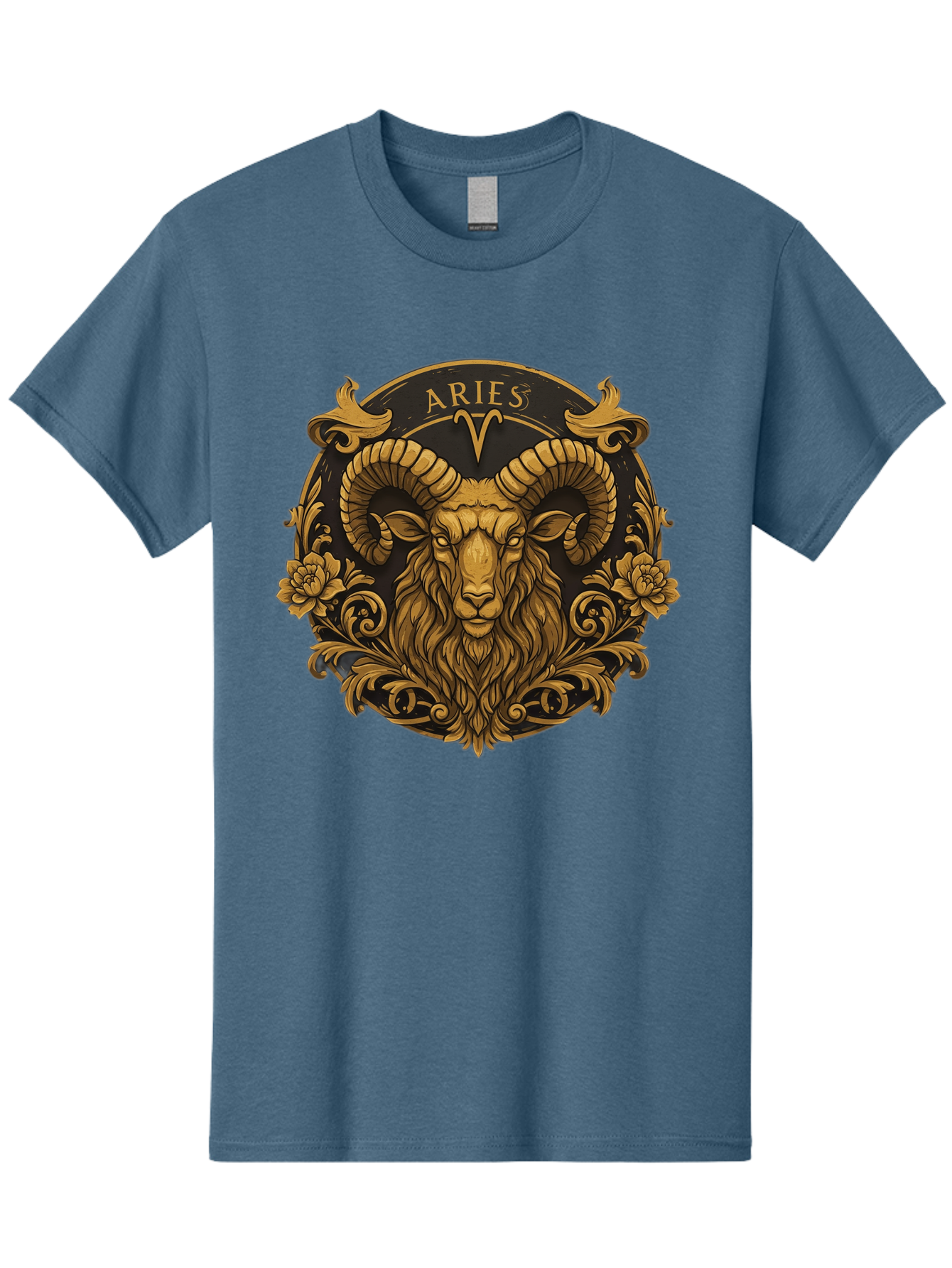 Aries-Zodiac-Sign Men'S Graphic Tee, 100% Cotton, Comfortable Casual Summer Wear, Machine Washable, Golden Ram Head, Aries Symbol, Zodiac Sign, Horoscope, Astrology, Mystical, Mystical Creatures, Gold Ornamentation, Floral Patterns, Bae120 13