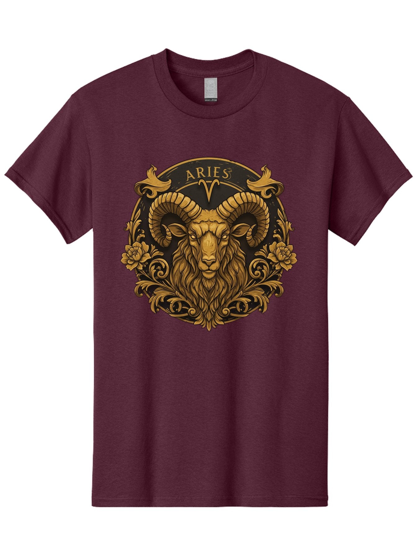 Aries-Zodiac-Sign Men'S Graphic Tee, 100% Cotton, Comfortable Casual Summer Wear, Machine Washable, Golden Ram Head, Aries Symbol, Zodiac Sign, Horoscope, Astrology, Mystical, Mystical Creatures, Gold Ornamentation, Floral Patterns, Bae120 10