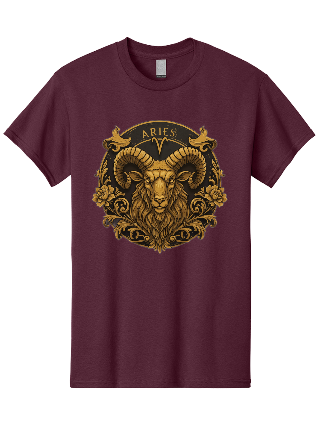 Aries-Zodiac-Sign Men'S Graphic Tee, 100% Cotton, Comfortable Casual Summer Wear, Machine Washable, Golden Ram Head, Aries Symbol, Zodiac Sign, Horoscope, Astrology, Mystical, Mystical Creatures, Gold Ornamentation, Floral Patterns, Bae120 14