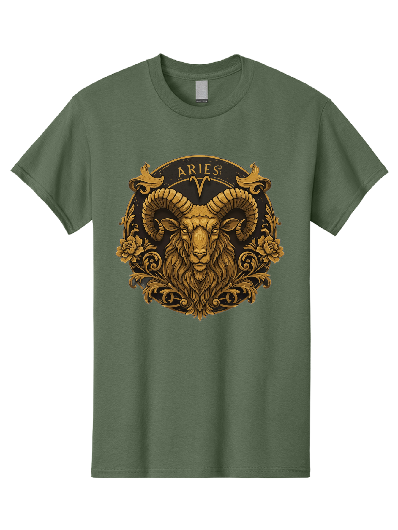 Aries-Zodiac-Sign Men'S Graphic Tee, 100% Cotton, Comfortable Casual Summer Wear, Machine Washable, Golden Ram Head, Aries Symbol, Zodiac Sign, Horoscope, Astrology, Mystical, Mystical Creatures, Gold Ornamentation, Floral Patterns, Bae120 8