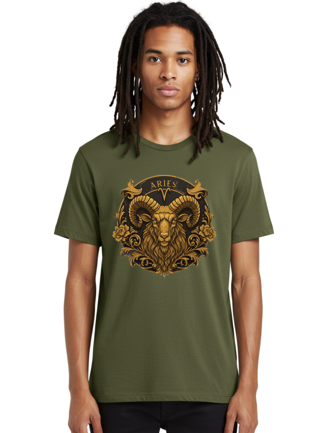 Aries-Zodiac-Sign Men'S Graphic Tee, 100% Cotton, Comfortable Casual Summer Wear, Machine Washable, Golden Ram Head, Aries Symbol, Zodiac Sign, Horoscope, Astrology, Mystical, Mystical Creatures, Gold Ornamentation, Floral Patterns, Bae120 23
