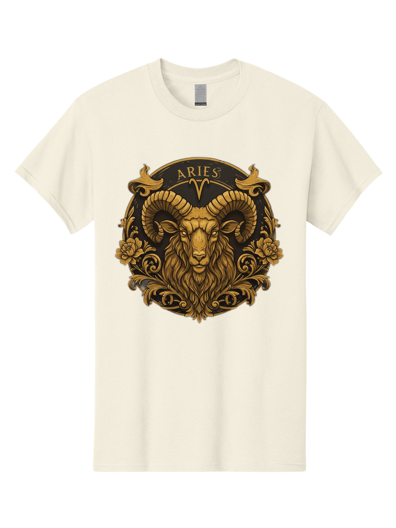 Aries-Zodiac-Sign Men'S Graphic Tee, 100% Cotton, Comfortable Casual Summer Wear, Machine Washable, Golden Ram Head, Aries Symbol, Zodiac Sign, Horoscope, Astrology, Mystical, Mystical Creatures, Gold Ornamentation, Floral Patterns, Bae120 10