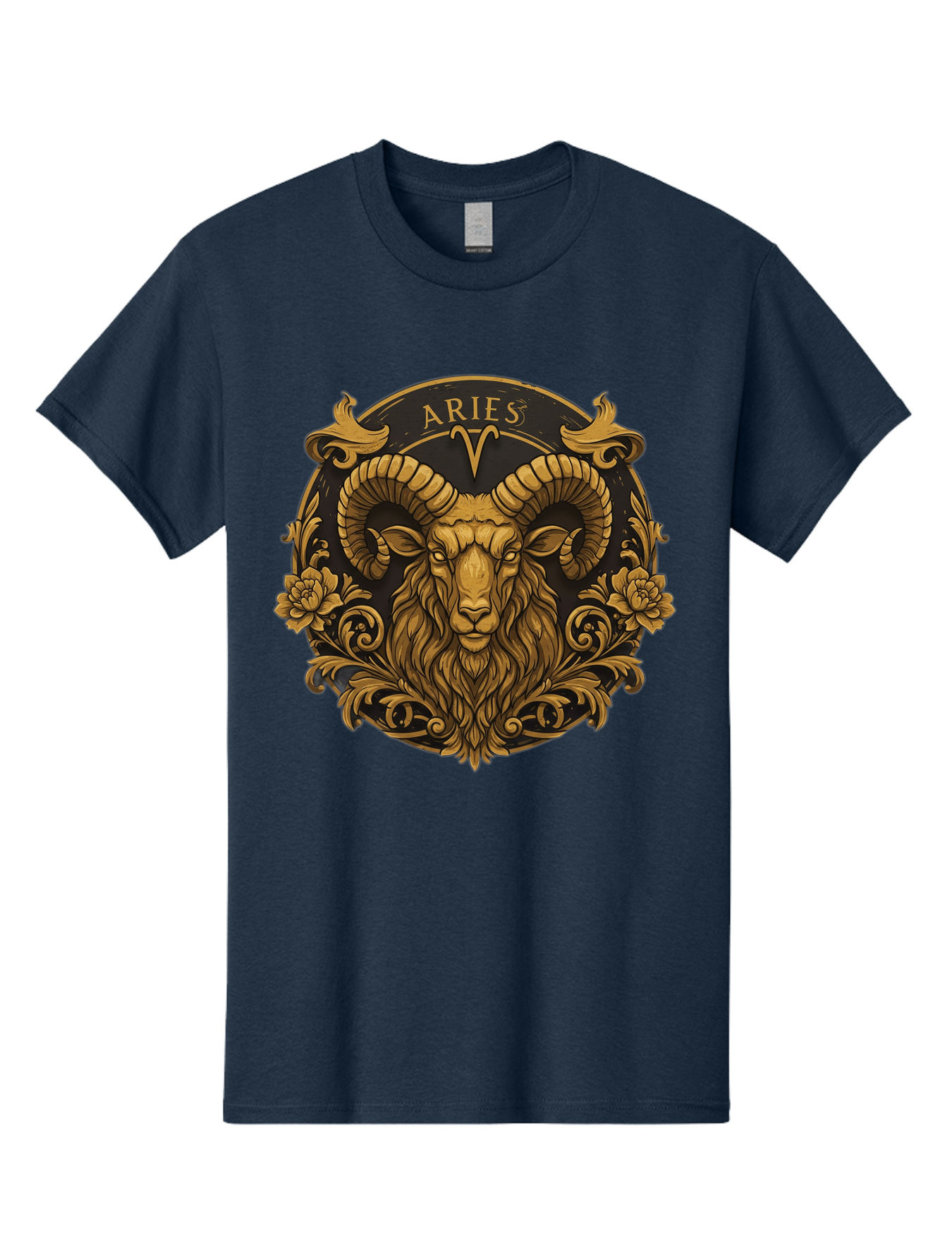 Aries-Zodiac-Sign Men'S Graphic Tee, 100% Cotton, Comfortable Casual Summer Wear, Machine Washable, Golden Ram Head, Aries Symbol, Zodiac Sign, Horoscope, Astrology, Mystical, Mystical Creatures, Gold Ornamentation, Floral Patterns, Bae120 4