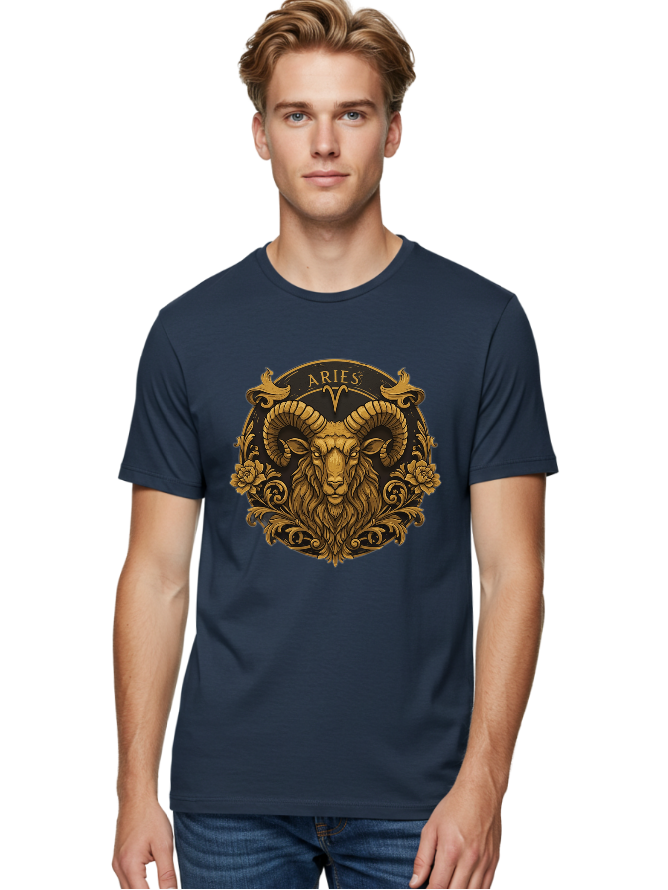 Aries-Zodiac-Sign Men'S Graphic Tee, 100% Cotton, Comfortable Casual Summer Wear, Machine Washable, Golden Ram Head, Aries Symbol, Zodiac Sign, Horoscope, Astrology, Mystical, Mystical Creatures, Gold Ornamentation, Floral Patterns, Bae120 19