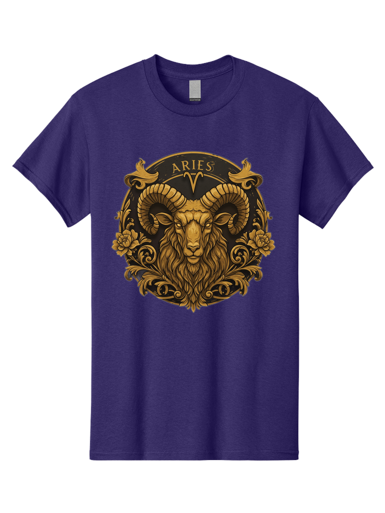 Aries-Zodiac-Sign Men'S Graphic Tee, 100% Cotton, Comfortable Casual Summer Wear, Machine Washable, Golden Ram Head, Aries Symbol, Zodiac Sign, Horoscope, Astrology, Mystical, Mystical Creatures, Gold Ornamentation, Floral Patterns, Bae120 15