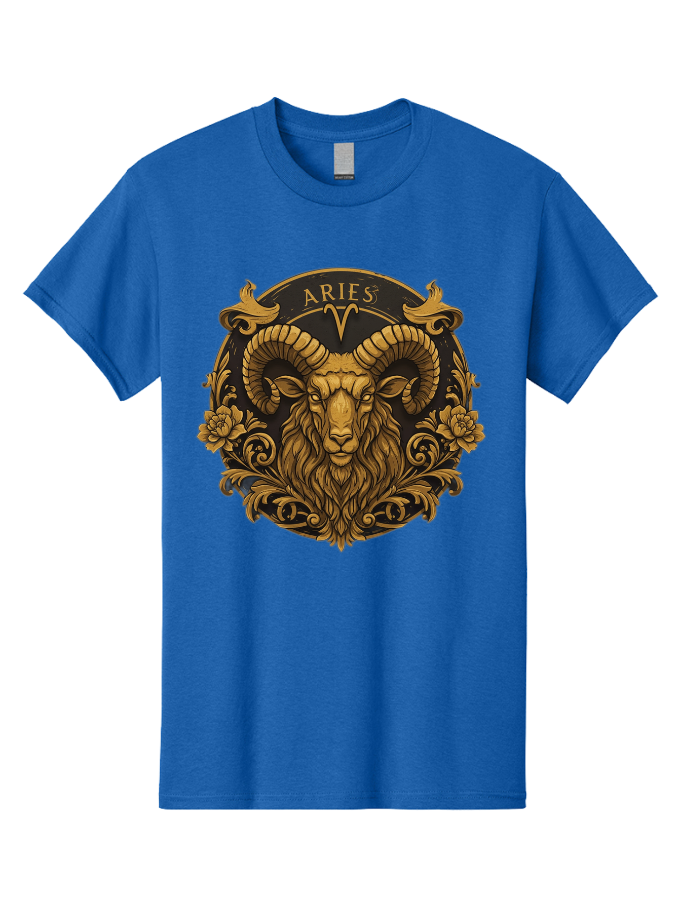 Aries-Zodiac-Sign Men'S Graphic Tee, 100% Cotton, Comfortable Casual Summer Wear, Machine Washable, Golden Ram Head, Aries Symbol, Zodiac Sign, Horoscope, Astrology, Mystical, Mystical Creatures, Gold Ornamentation, Floral Patterns, Bae120 6
