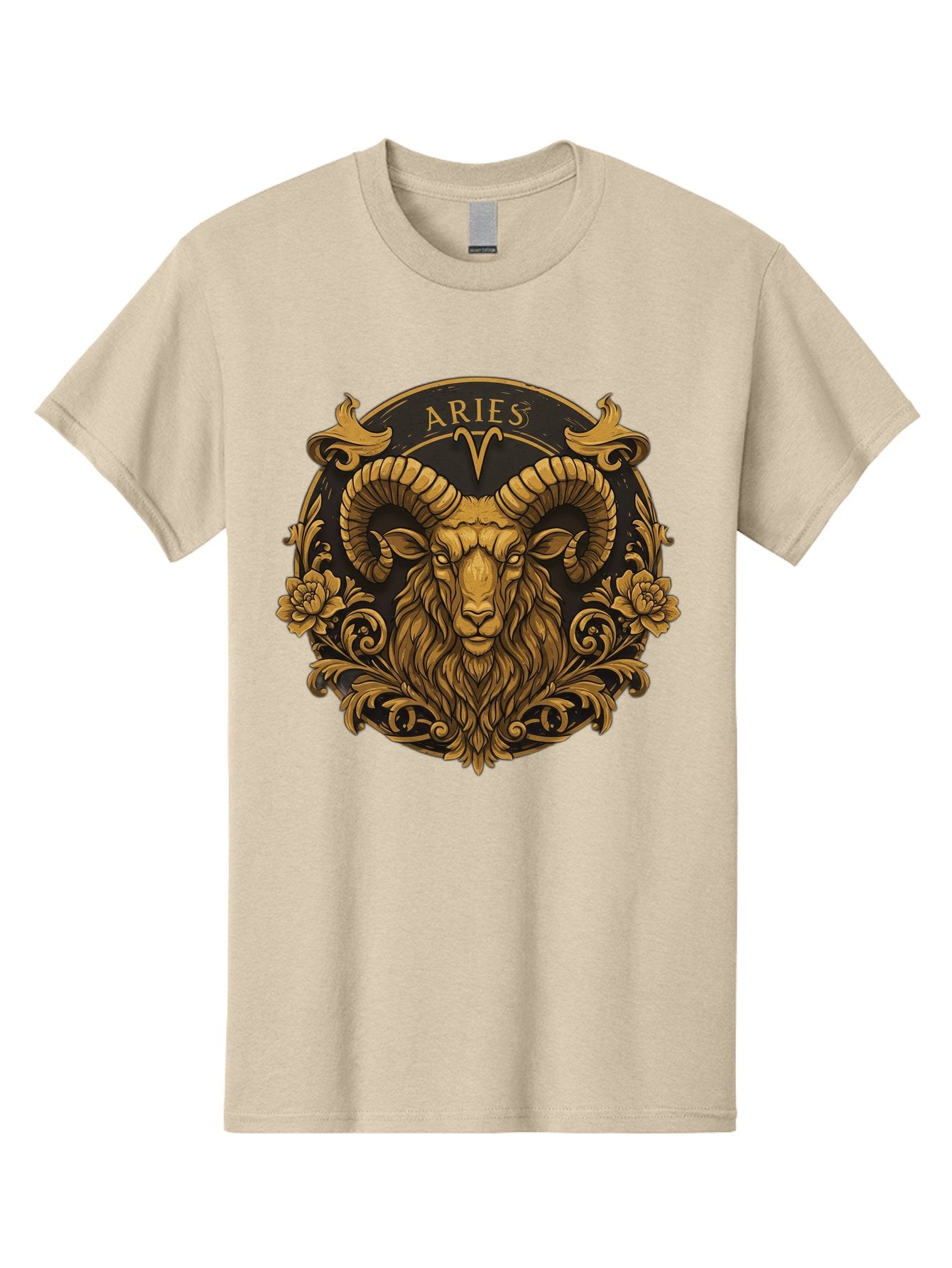Aries-Zodiac-Sign Men'S Graphic Tee, 100% Cotton, Comfortable Casual Summer Wear, Machine Washable, Golden Ram Head, Aries Symbol, Zodiac Sign, Horoscope, Astrology, Mystical, Mystical Creatures, Gold Ornamentation, Floral Patterns, Bae120 6