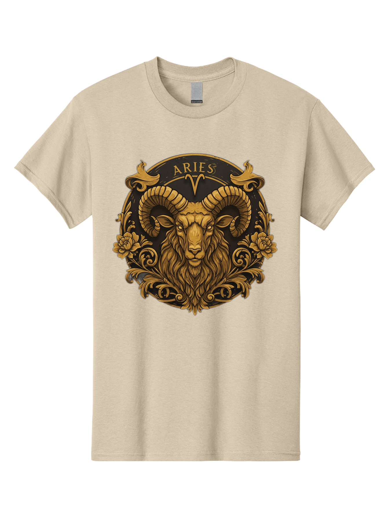 Aries-Zodiac-Sign Men'S Graphic Tee, 100% Cotton, Comfortable Casual Summer Wear, Machine Washable, Golden Ram Head, Aries Symbol, Zodiac Sign, Horoscope, Astrology, Mystical, Mystical Creatures, Gold Ornamentation, Floral Patterns, Bae120 7