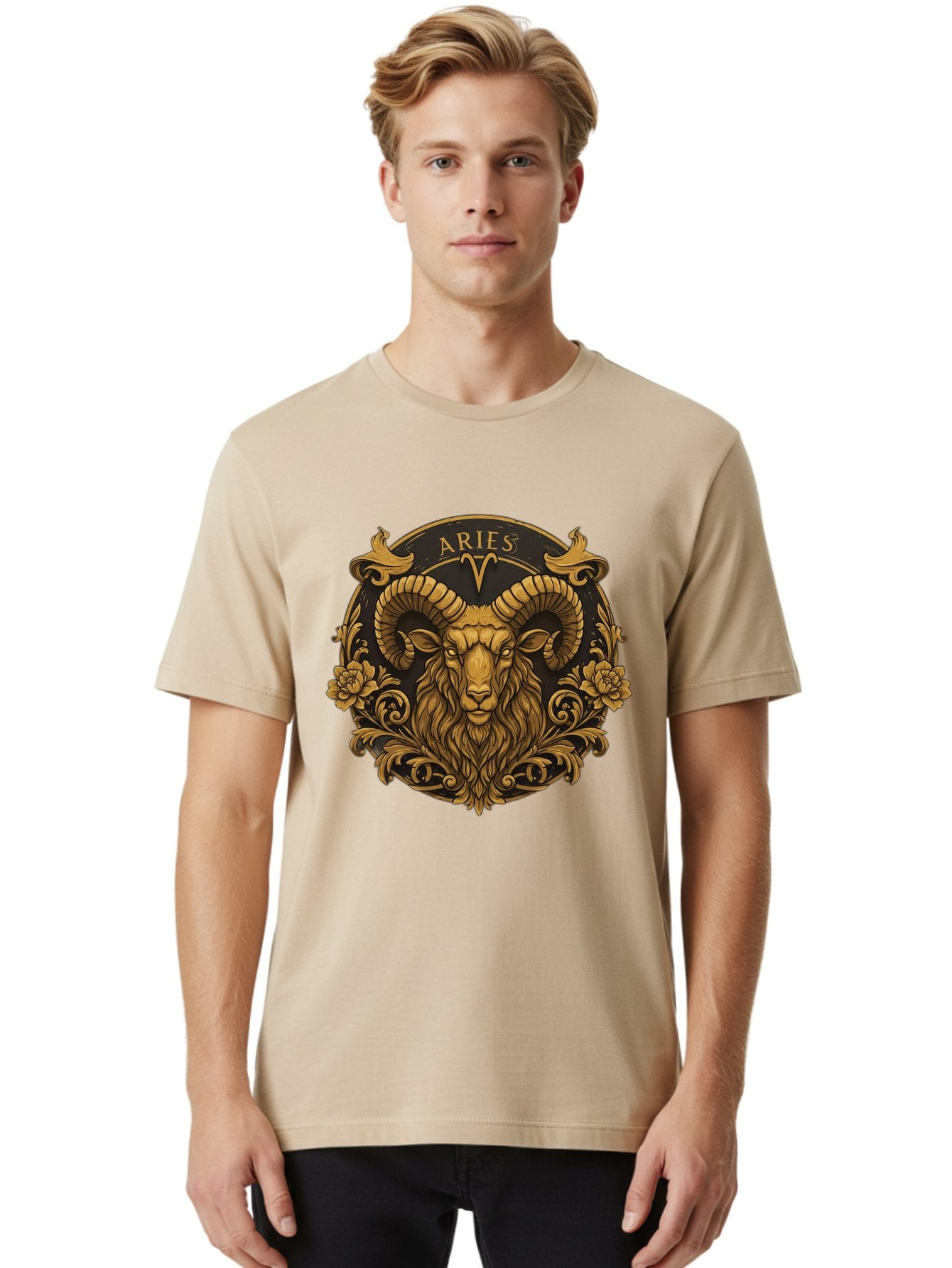 Aries-Zodiac-Sign Men'S Graphic Tee, 100% Cotton, Comfortable Casual Summer Wear, Machine Washable, Golden Ram Head, Aries Symbol, Zodiac Sign, Horoscope, Astrology, Mystical, Mystical Creatures, Gold Ornamentation, Floral Patterns, Bae120 24