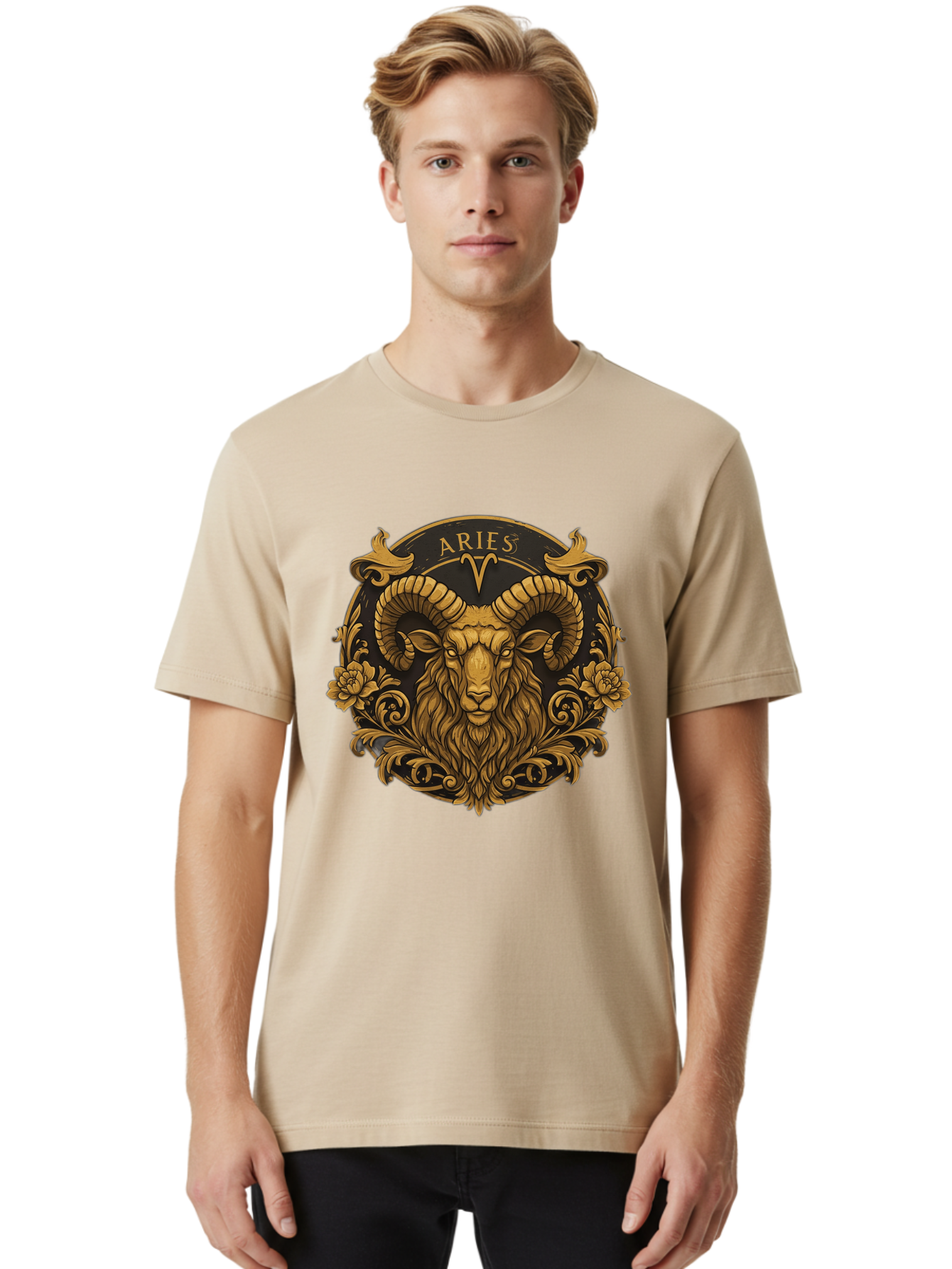 Aries-Zodiac-Sign Men'S Graphic Tee, 100% Cotton, Comfortable Casual Summer Wear, Machine Washable, Golden Ram Head, Aries Symbol, Zodiac Sign, Horoscope, Astrology, Mystical, Mystical Creatures, Gold Ornamentation, Floral Patterns, Bae120 22