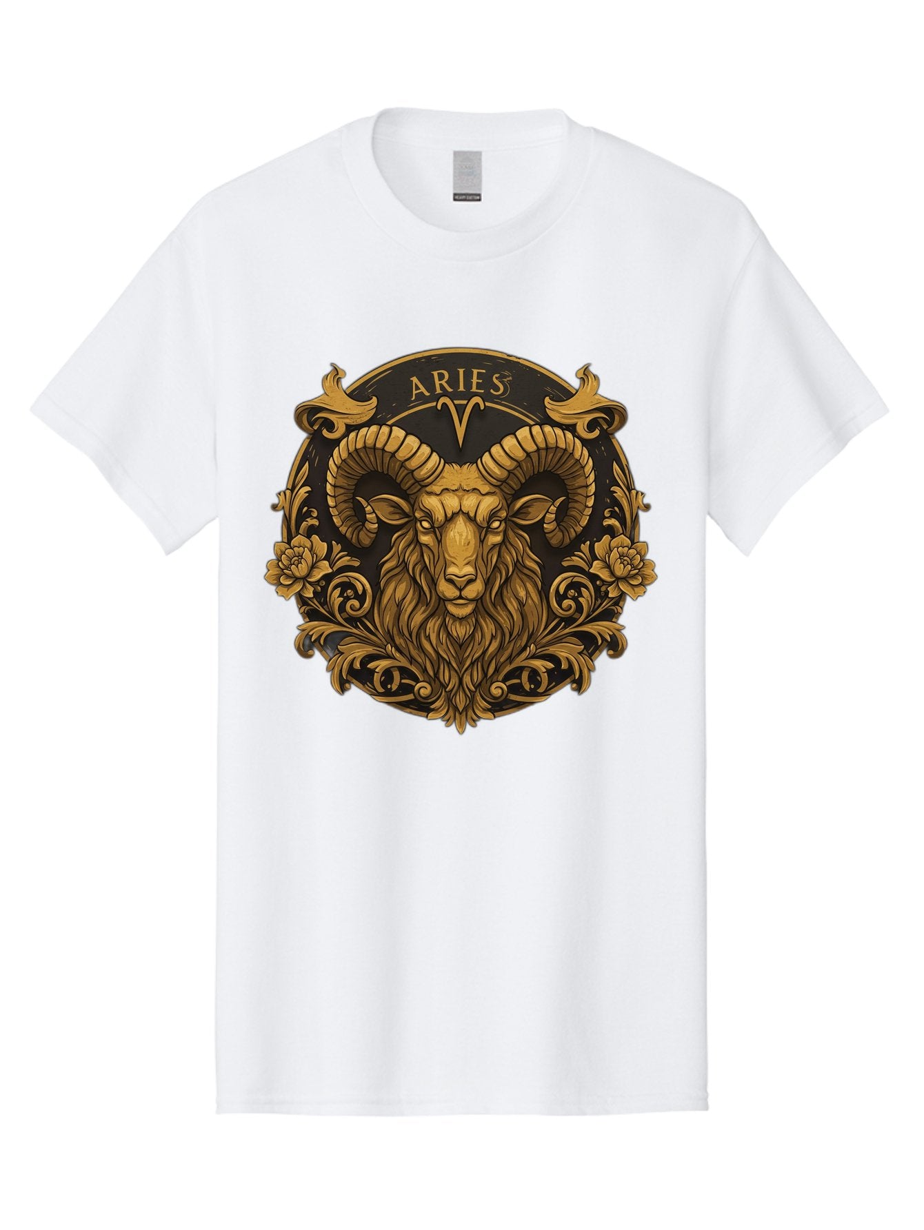 Aries-Zodiac-Sign Men'S Graphic Tee, 100% Cotton, Comfortable Casual Summer Wear, Machine Washable, Golden Ram Head, Aries Symbol, Zodiac Sign, Horoscope, Astrology, Mystical, Mystical Creatures, Gold Ornamentation, Floral Patterns, Bae120 15
