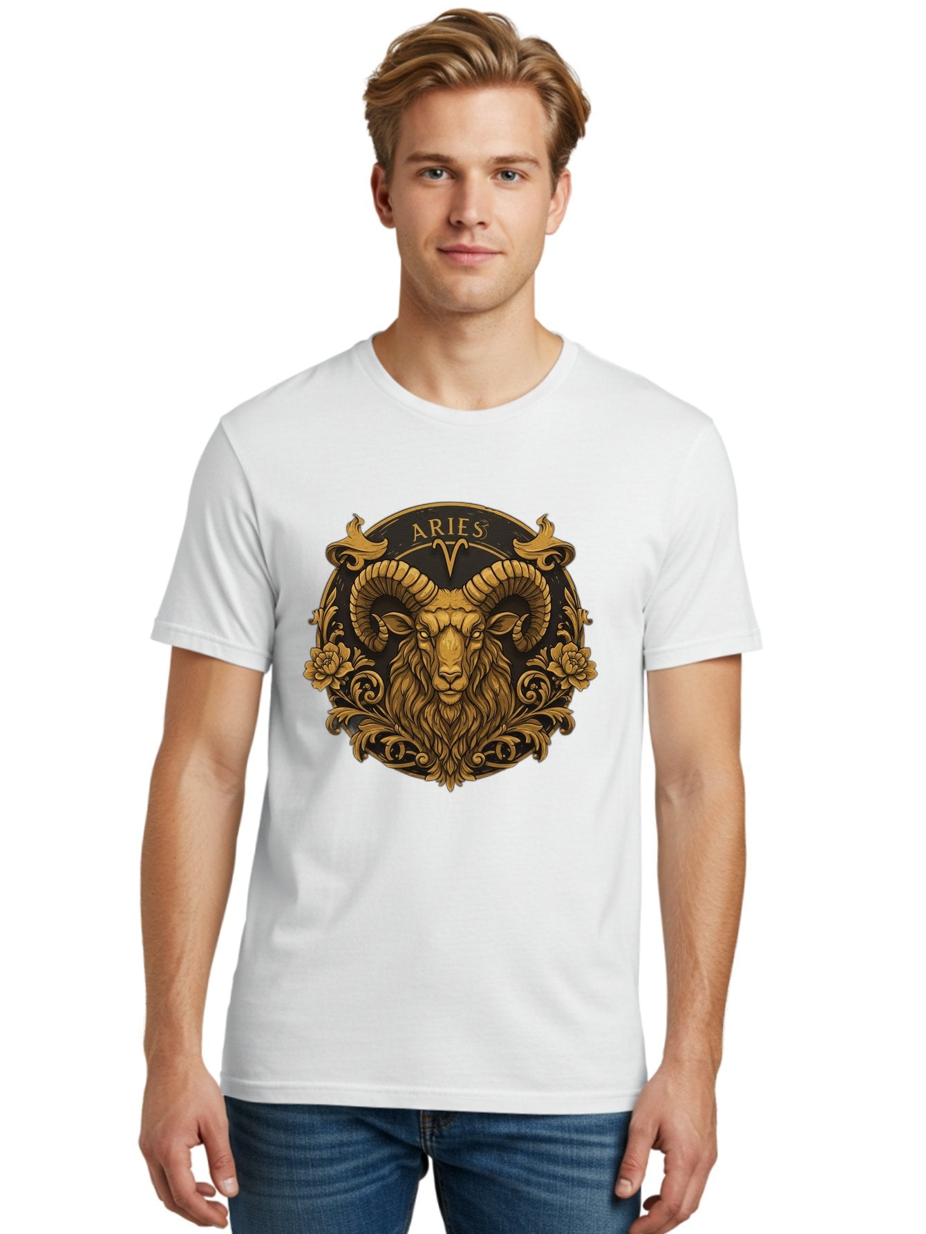 Aries-Zodiac-Sign Men'S Graphic Tee, 100% Cotton, Comfortable Casual Summer Wear, Machine Washable, Golden Ram Head, Aries Symbol, Zodiac Sign, Horoscope, Astrology, Mystical, Mystical Creatures, Gold Ornamentation, Floral Patterns, Bae120 30