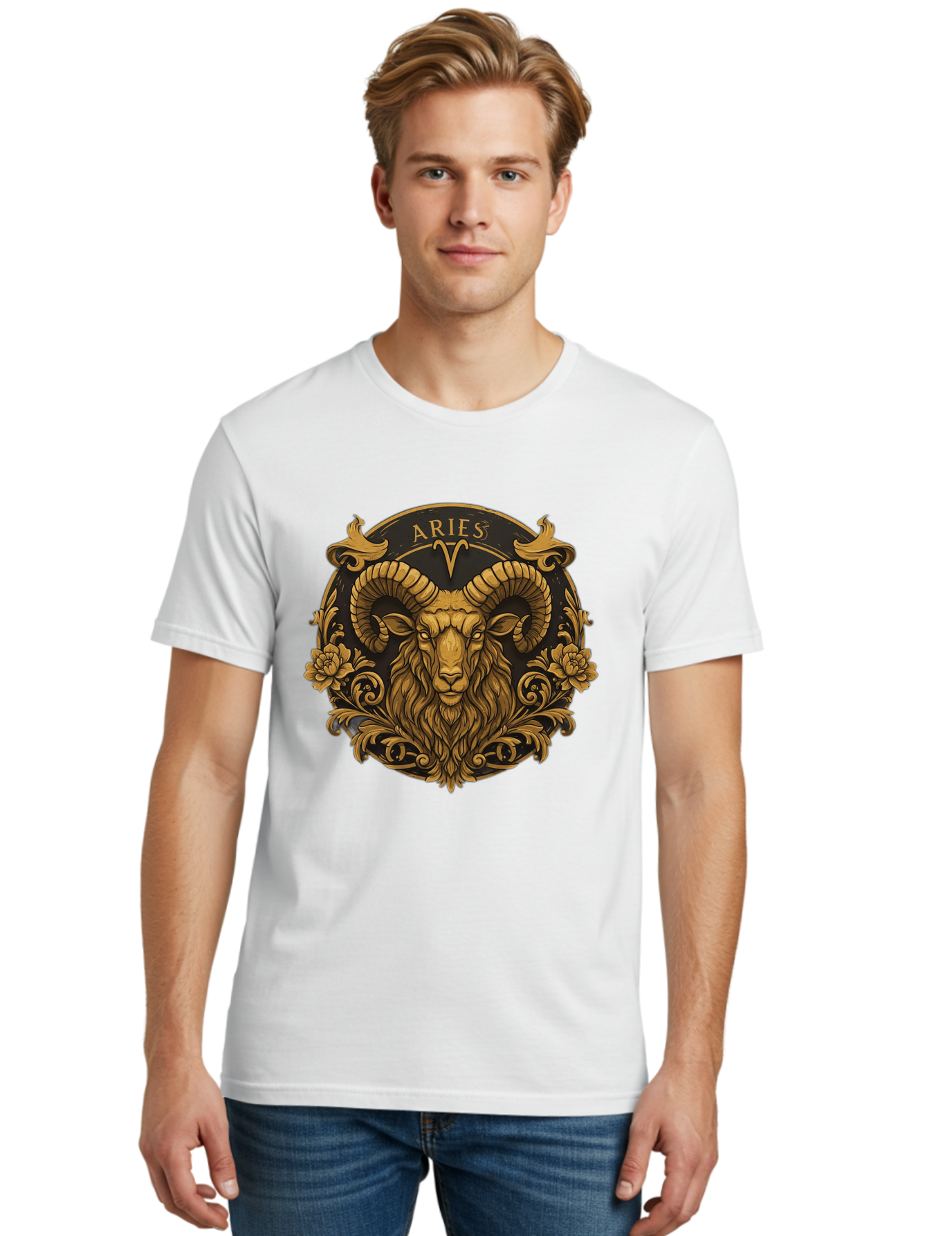 Aries-Zodiac-Sign Men'S Graphic Tee, 100% Cotton, Comfortable Casual Summer Wear, Machine Washable, Golden Ram Head, Aries Symbol, Zodiac Sign, Horoscope, Astrology, Mystical, Mystical Creatures, Gold Ornamentation, Floral Patterns, Bae120 16