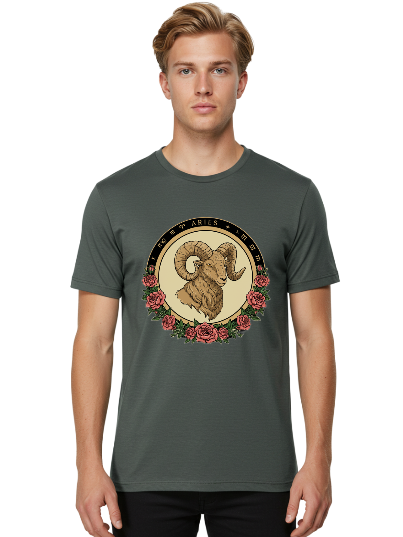 Aries Men'S Graphic Tee, 100% Cotton, Comfortable Casual Summer Wear, Machine Washable, Ram Illustration, Aries Zodiac Sign, Astrology Symbol, Roses, Floral Design, Horoscope, Mystical, Esoteric Art, Zodiac Wheel, Astrological Sign Bae121 24