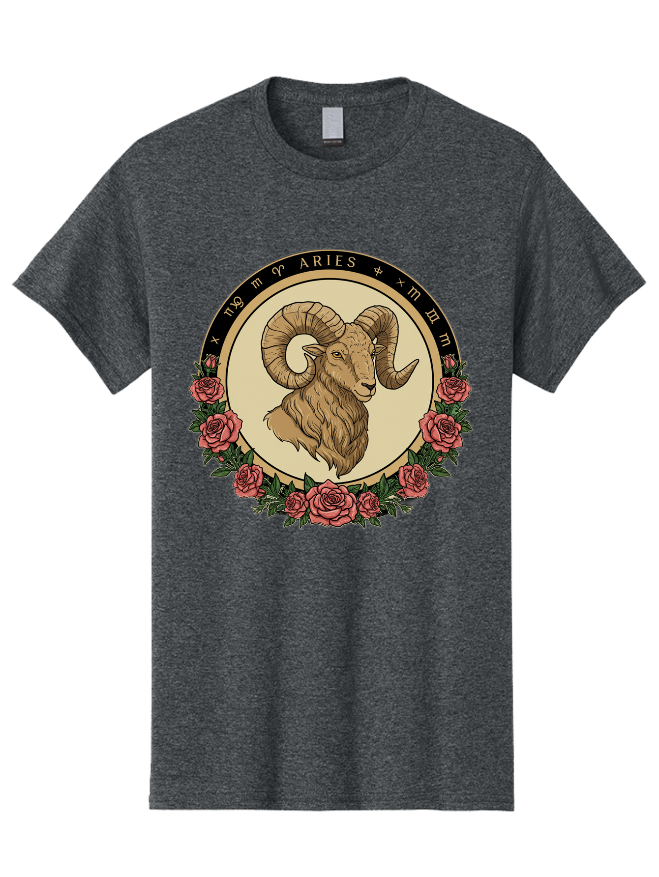 Aries Men'S Graphic Tee, 100% Cotton, Comfortable Casual Summer Wear, Machine Washable, Ram Illustration, Aries Zodiac Sign, Astrology Symbol, Roses, Floral Design, Horoscope, Mystical, Esoteric Art, Zodiac Wheel, Astrological Sign Bae121