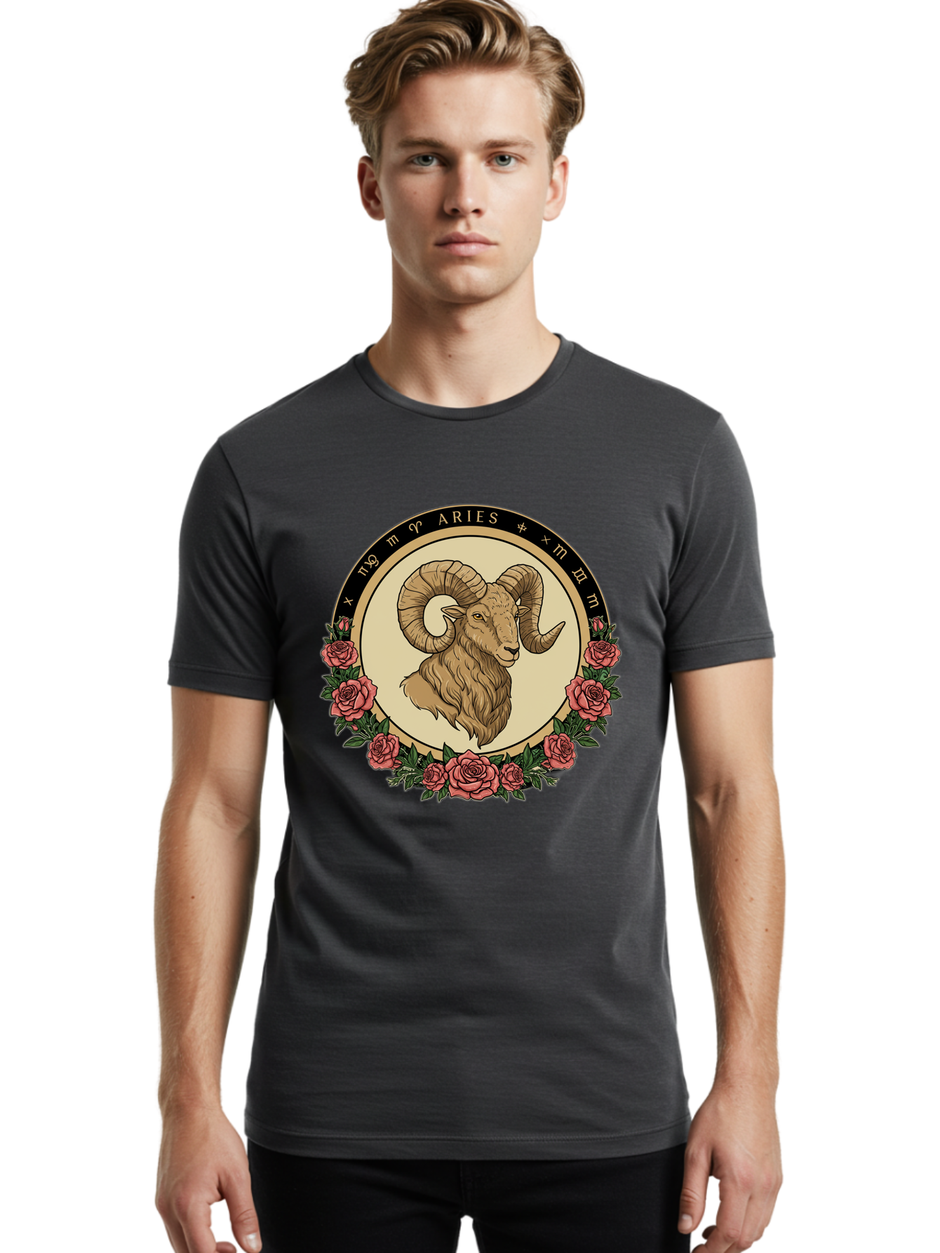 Aries Men'S Graphic Tee, 100% Cotton, Comfortable Casual Summer Wear, Machine Washable, Ram Illustration, Aries Zodiac Sign, Astrology Symbol, Roses, Floral Design, Horoscope, Mystical, Esoteric Art, Zodiac Wheel, Astrological Sign Bae121 16