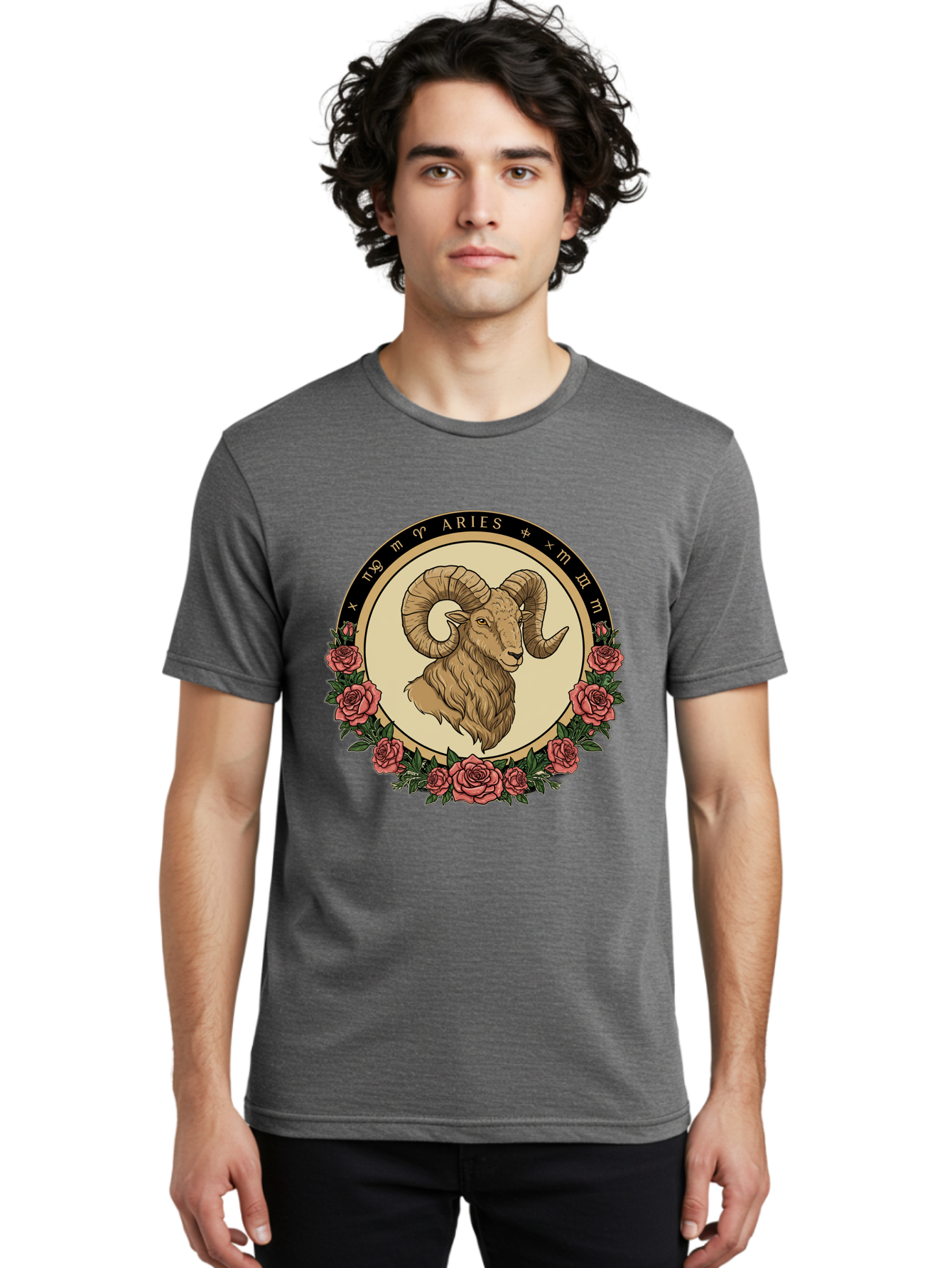 Aries Men'S Graphic Tee, 100% Cotton, Comfortable Casual Summer Wear, Machine Washable, Ram Illustration, Aries Zodiac Sign, Astrology Symbol, Roses, Floral Design, Horoscope, Mystical, Esoteric Art, Zodiac Wheel, Astrological Sign Bae121 29
