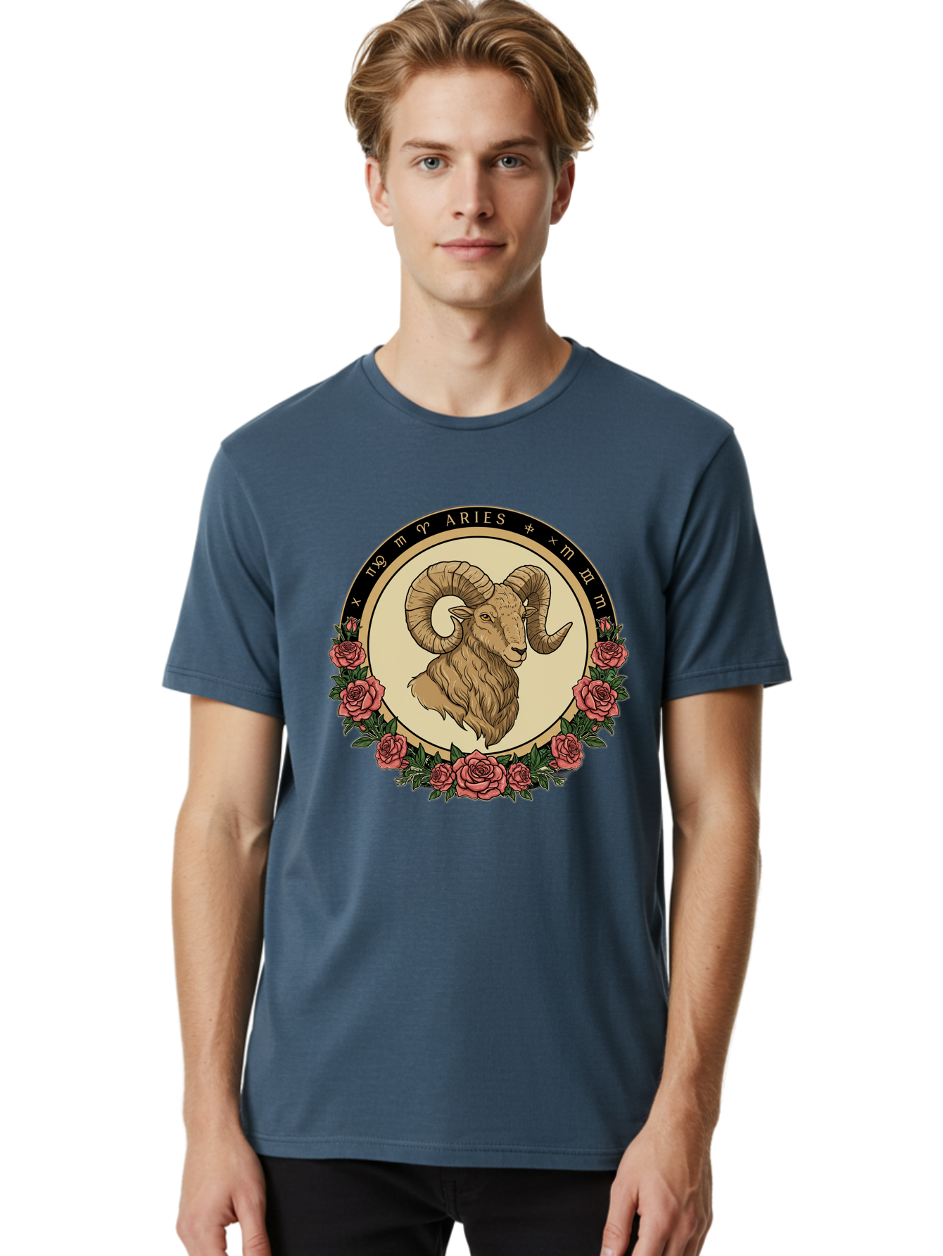 Aries Men'S Graphic Tee, 100% Cotton, Comfortable Casual Summer Wear, Machine Washable, Ram Illustration, Aries Zodiac Sign, Astrology Symbol, Roses, Floral Design, Horoscope, Mystical, Esoteric Art, Zodiac Wheel, Astrological Sign Bae121 28