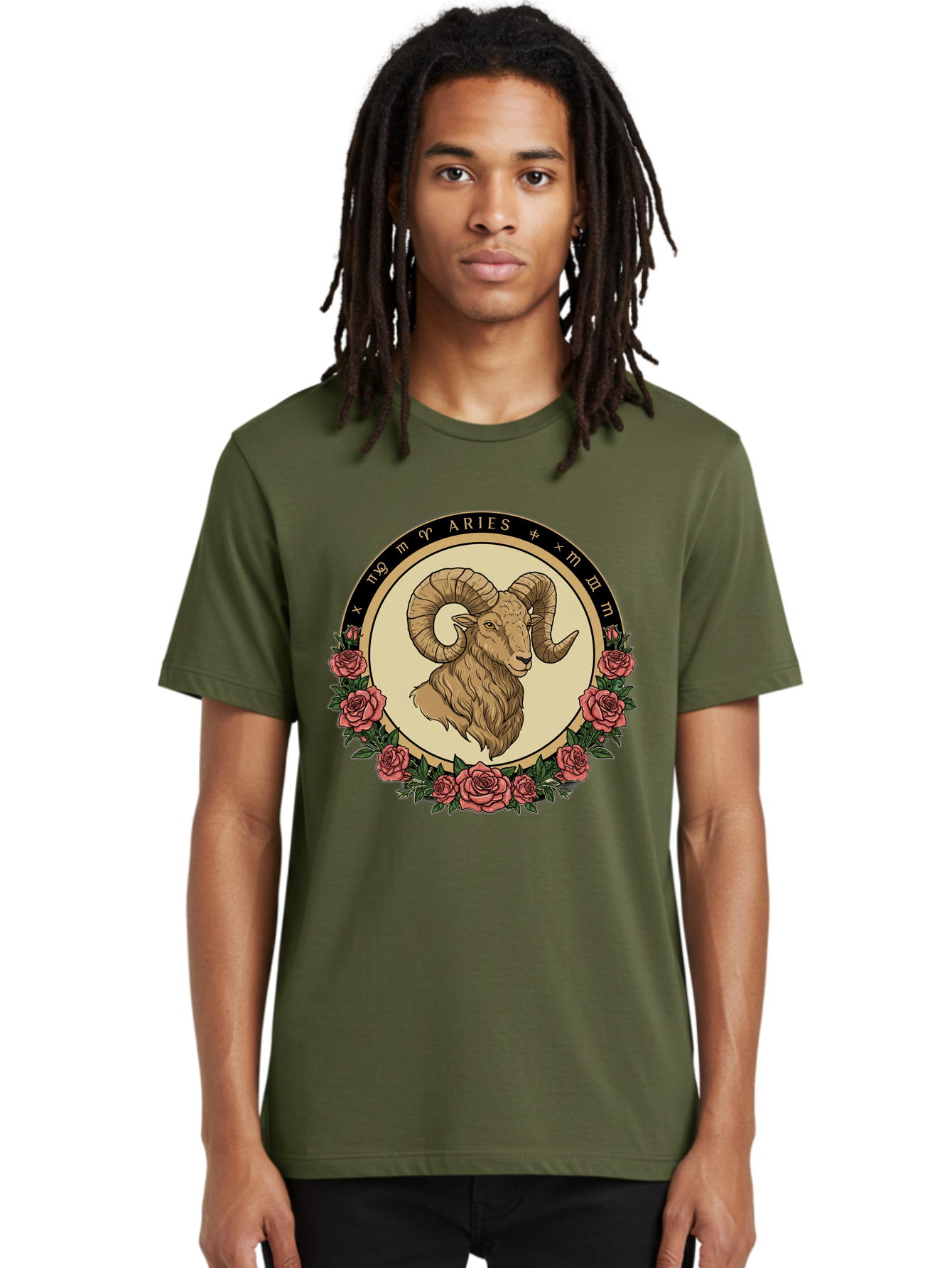 Aries Men'S Graphic Tee, 100% Cotton, Comfortable Casual Summer Wear, Machine Washable, Ram Illustration, Aries Zodiac Sign, Astrology Symbol, Roses, Floral Design, Horoscope, Mystical, Esoteric Art, Zodiac Wheel, Astrological Sign Bae121 21