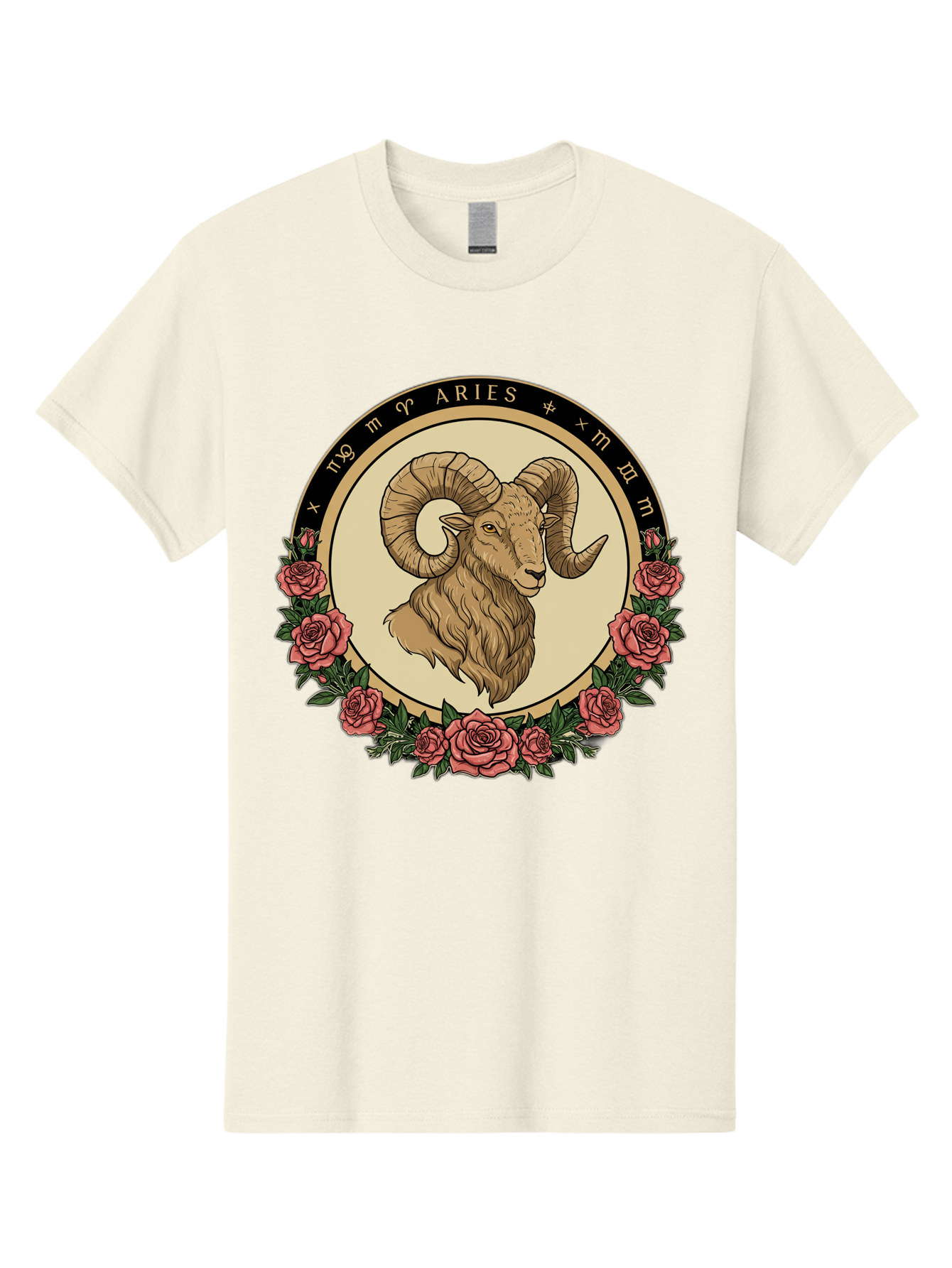 Aries Men'S Graphic Tee, 100% Cotton, Comfortable Casual Summer Wear, Machine Washable, Ram Illustration, Aries Zodiac Sign, Astrology Symbol, Roses, Floral Design, Horoscope, Mystical, Esoteric Art, Zodiac Wheel, Astrological Sign Bae121 5