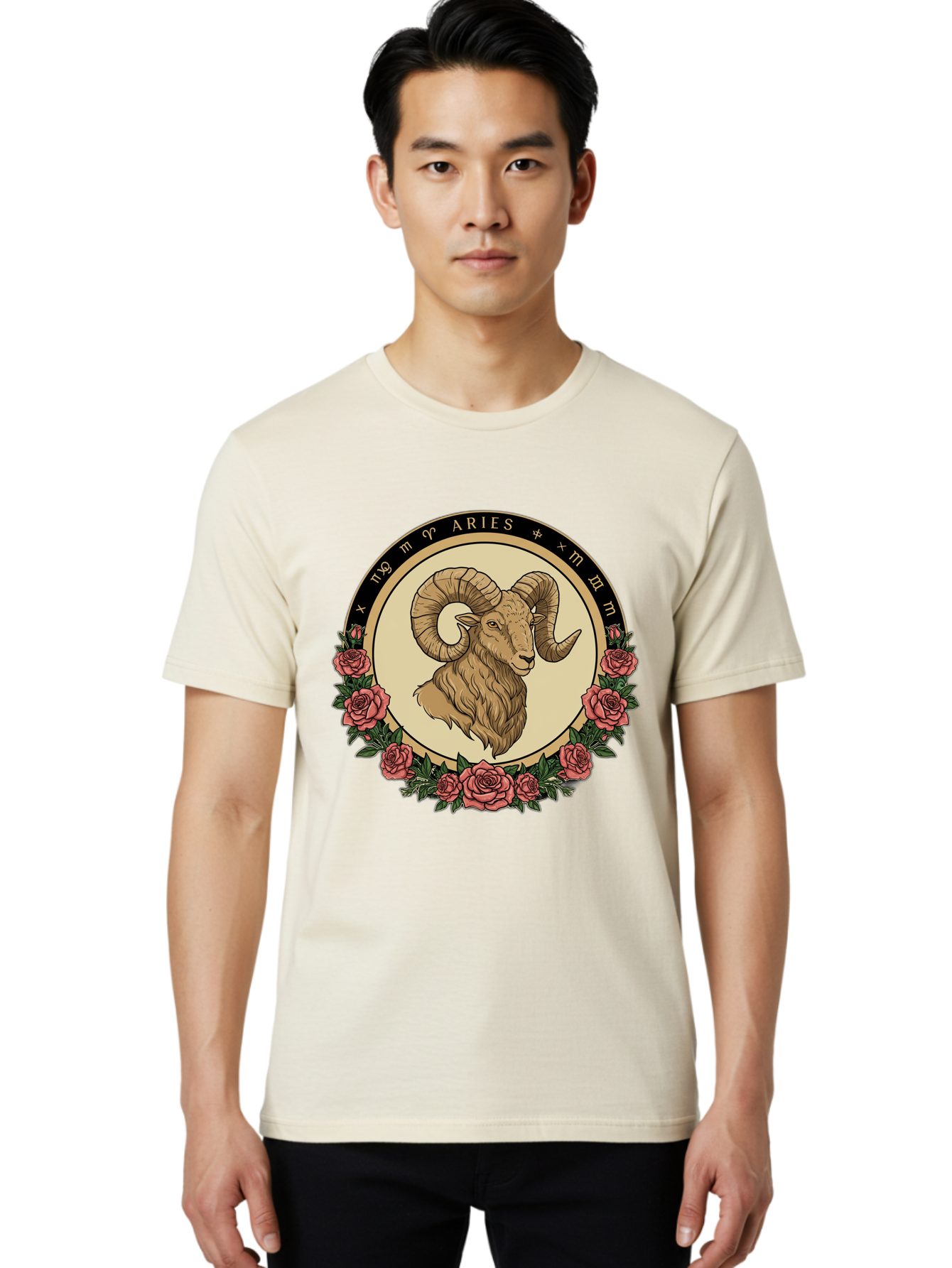 Aries Men'S Graphic Tee, 100% Cotton, Comfortable Casual Summer Wear, Machine Washable, Ram Illustration, Aries Zodiac Sign, Astrology Symbol, Roses, Floral Design, Horoscope, Mystical, Esoteric Art, Zodiac Wheel, Astrological Sign Bae121 20