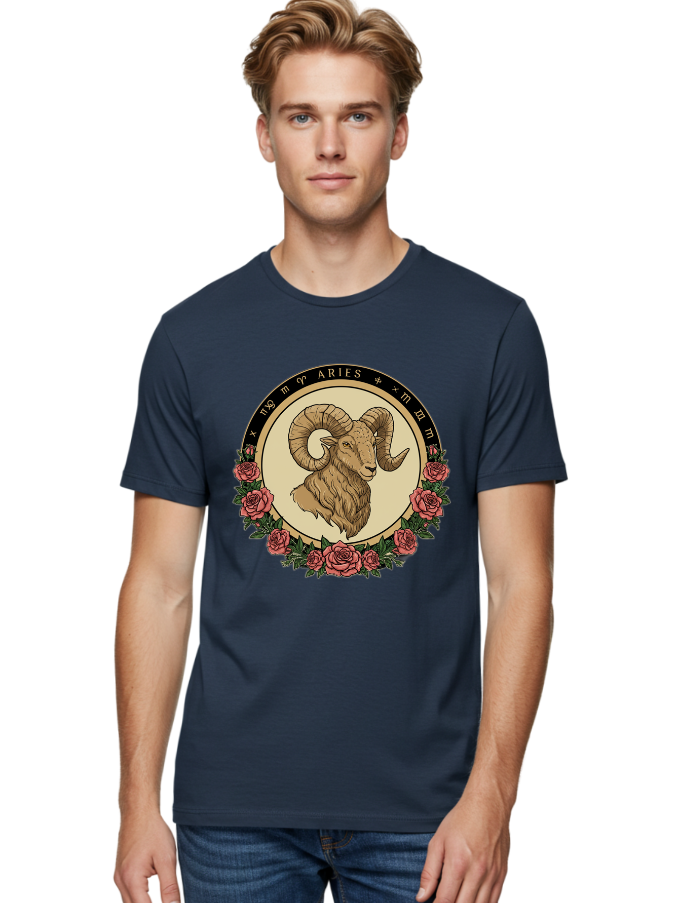 Aries Men'S Graphic Tee, 100% Cotton, Comfortable Casual Summer Wear, Machine Washable, Ram Illustration, Aries Zodiac Sign, Astrology Symbol, Roses, Floral Design, Horoscope, Mystical, Esoteric Art, Zodiac Wheel, Astrological Sign Bae121 30