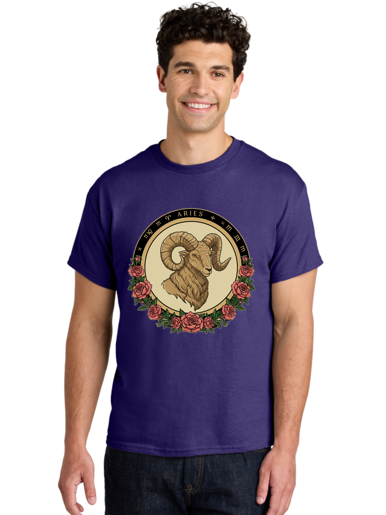 Aries Men'S Graphic Tee, 100% Cotton, Comfortable Casual Summer Wear, Machine Washable, Ram Illustration, Aries Zodiac Sign, Astrology Symbol, Roses, Floral Design, Horoscope, Mystical, Esoteric Art, Zodiac Wheel, Astrological Sign Bae121 27