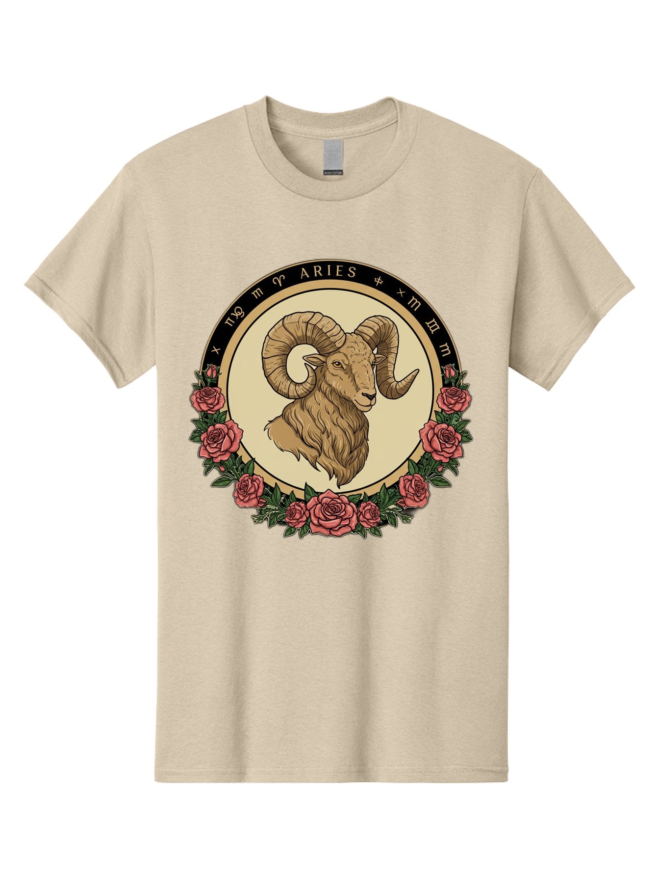 Aries Men'S Graphic Tee, 100% Cotton, Comfortable Casual Summer Wear, Machine Washable, Ram Illustration, Aries Zodiac Sign, Astrology Symbol, Roses, Floral Design, Horoscope, Mystical, Esoteric Art, Zodiac Wheel, Astrological Sign Bae121