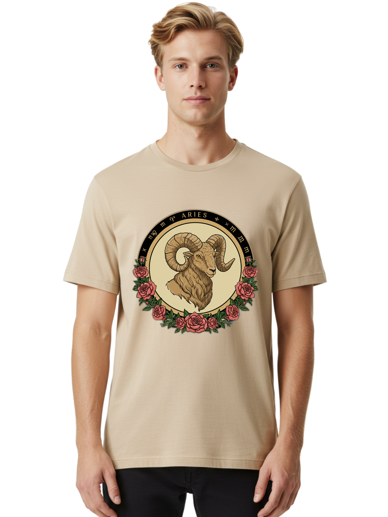Aries Men'S Graphic Tee, 100% Cotton, Comfortable Casual Summer Wear, Machine Washable, Ram Illustration, Aries Zodiac Sign, Astrology Symbol, Roses, Floral Design, Horoscope, Mystical, Esoteric Art, Zodiac Wheel, Astrological Sign Bae121 25