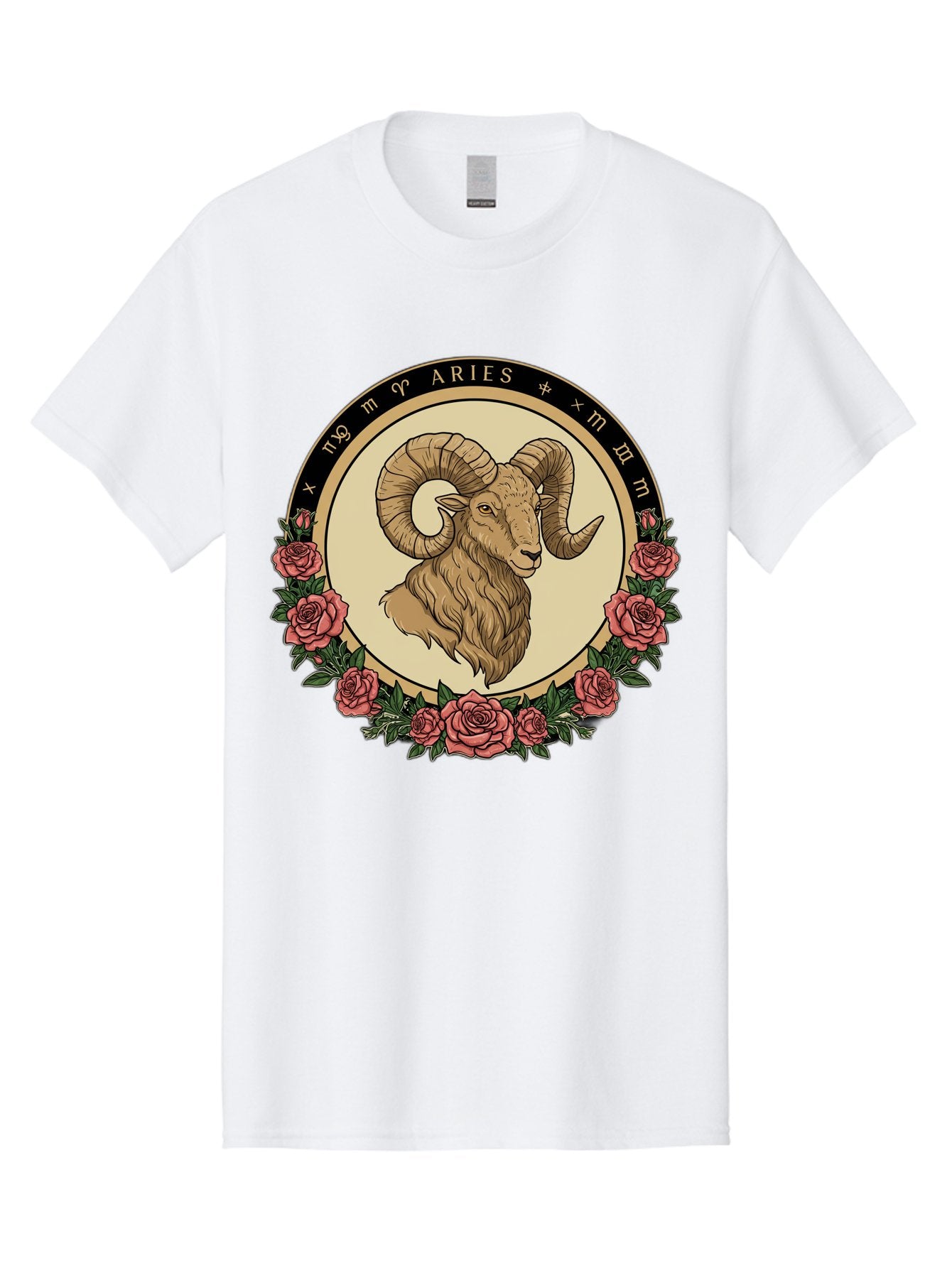Aries Men'S Graphic Tee, 100% Cotton, Comfortable Casual Summer Wear, Machine Washable, Ram Illustration, Aries Zodiac Sign, Astrology Symbol, Roses, Floral Design, Horoscope, Mystical, Esoteric Art, Zodiac Wheel, Astrological Sign Bae121 5