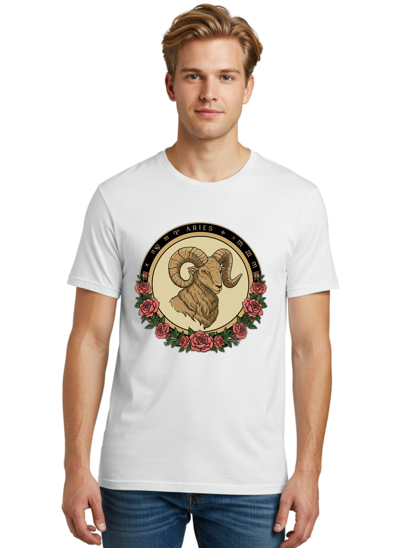 Aries Men'S Graphic Tee, 100% Cotton, Comfortable Casual Summer Wear, Machine Washable, Ram Illustration, Aries Zodiac Sign, Astrology Symbol, Roses, Floral Design, Horoscope, Mystical, Esoteric Art, Zodiac Wheel, Astrological Sign Bae121 23