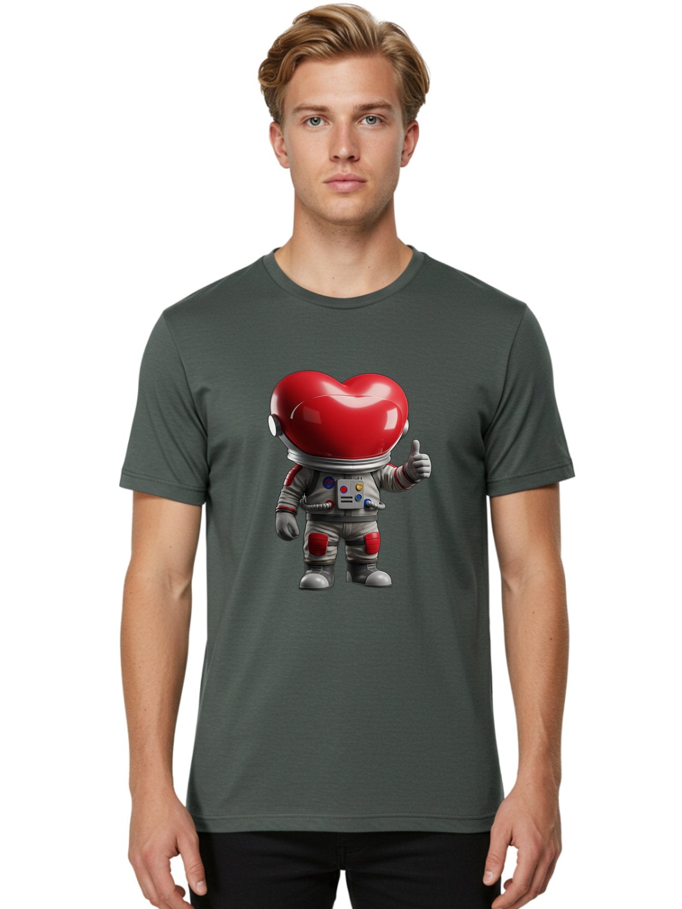 Astronaut-Heart Men'S Graphic Tee, 100% Cotton, Comfortable Casual Summer Wear, Machine Washable, Astronaut With Heart-Shaped Helmet, Thumbs Up Gesture, Space Suit, Futuristic Design, Red And Gray Colors, Love In Space, Positivity, Approval Bae122 16