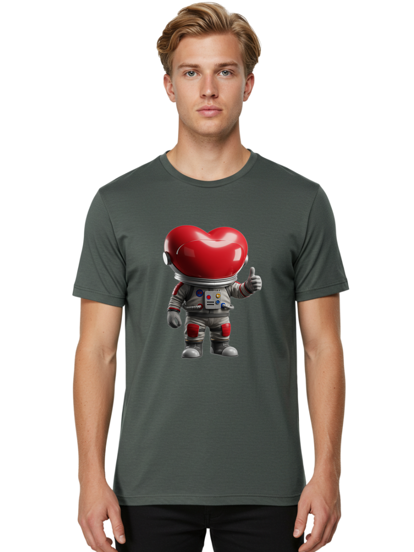 Astronaut-Heart Men'S Graphic Tee, 100% Cotton, Comfortable Casual Summer Wear, Machine Washable, Astronaut With Heart-Shaped Helmet, Thumbs Up Gesture, Space Suit, Futuristic Design, Red And Gray Colors, Love In Space, Positivity, Approval Bae122 28