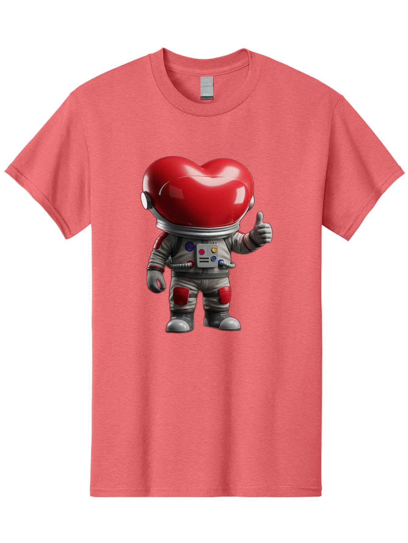 Astronaut-Heart Men'S Graphic Tee, 100% Cotton, Comfortable Casual Summer Wear, Machine Washable, Astronaut With Heart-Shaped Helmet, Thumbs Up Gesture, Space Suit, Futuristic Design, Red And Gray Colors, Love In Space, Positivity, Approval Bae122 10