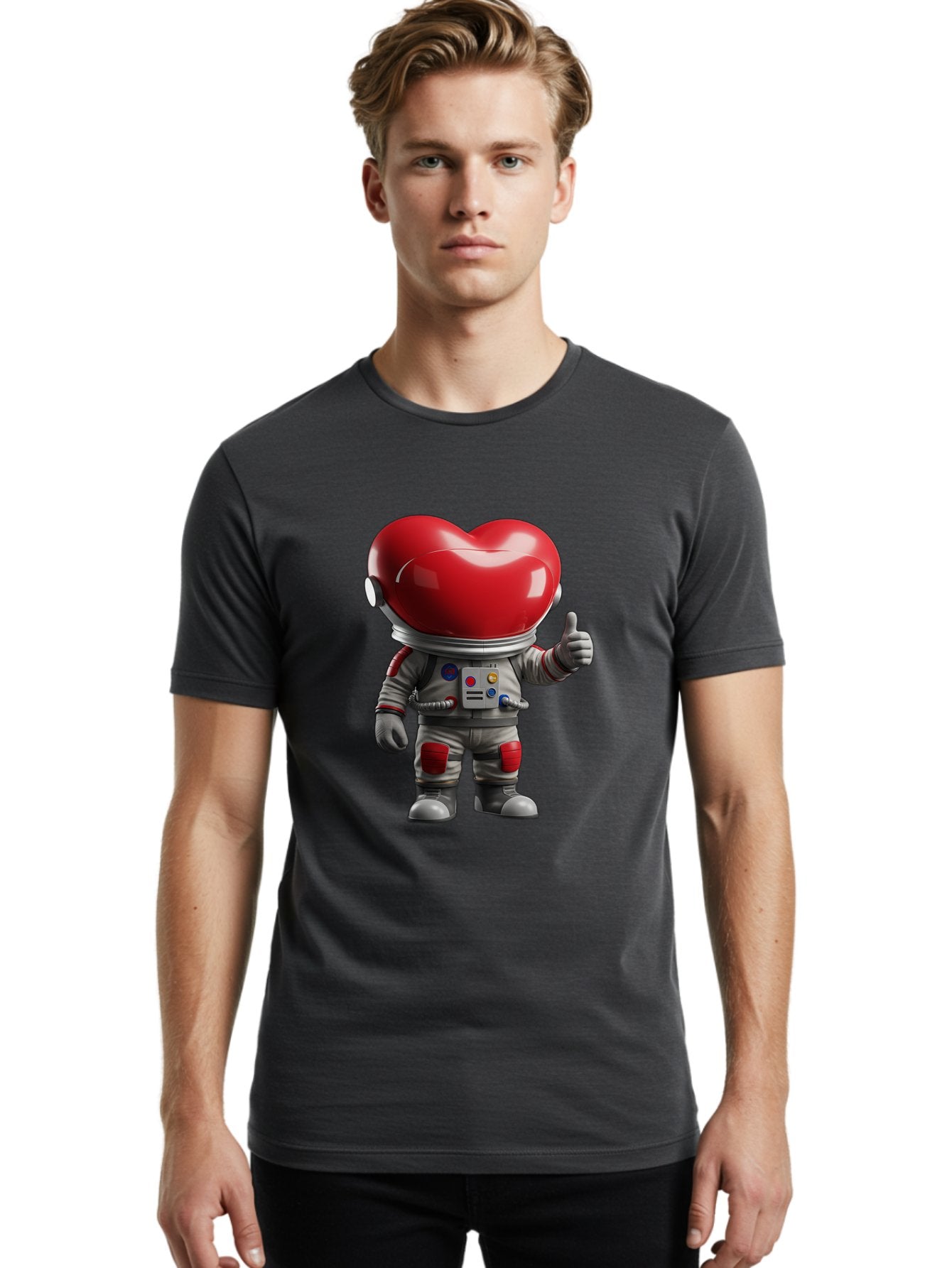 Astronaut-Heart Men'S Graphic Tee, 100% Cotton, Comfortable Casual Summer Wear, Machine Washable, Astronaut With Heart-Shaped Helmet, Thumbs Up Gesture, Space Suit, Futuristic Design, Red And Gray Colors, Love In Space, Positivity, Approval Bae122 22