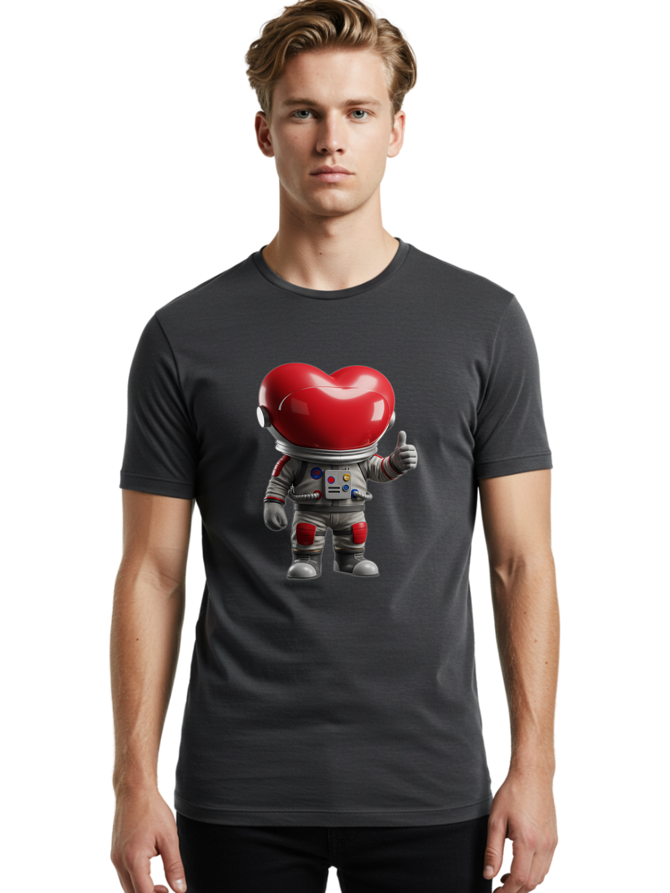 Astronaut-Heart Men'S Graphic Tee, 100% Cotton, Comfortable Casual Summer Wear, Machine Washable, Astronaut With Heart-Shaped Helmet, Thumbs Up Gesture, Space Suit, Futuristic Design, Red And Gray Colors, Love In Space, Positivity, Approval Bae122 24