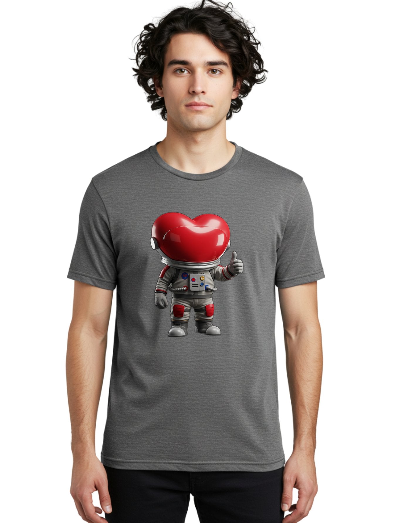 Astronaut-Heart Men'S Graphic Tee, 100% Cotton, Comfortable Casual Summer Wear, Machine Washable, Astronaut With Heart-Shaped Helmet, Thumbs Up Gesture, Space Suit, Futuristic Design, Red And Gray Colors, Love In Space, Positivity, Approval Bae122 27