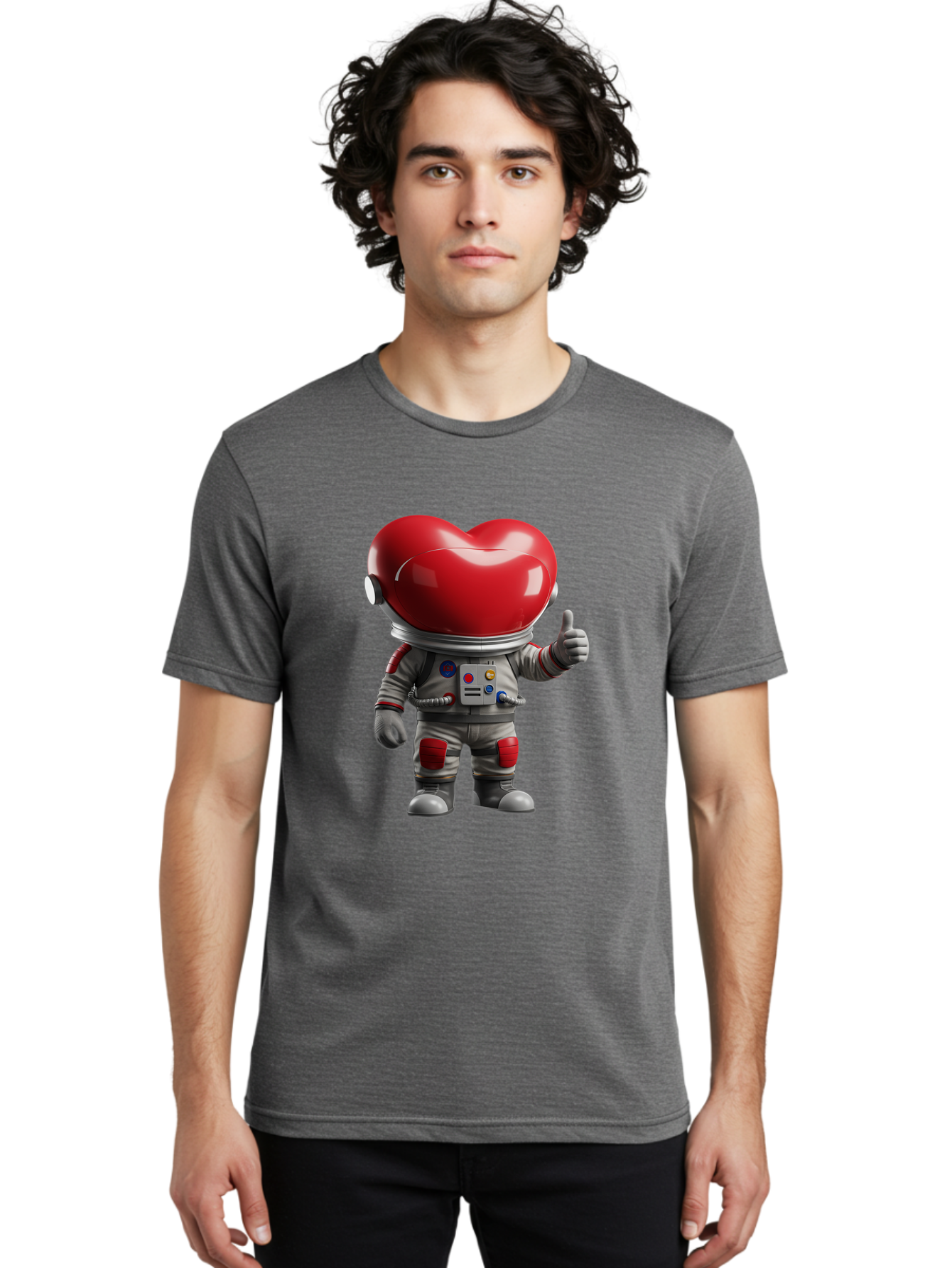 Astronaut-Heart Men'S Graphic Tee, 100% Cotton, Comfortable Casual Summer Wear, Machine Washable, Astronaut With Heart-Shaped Helmet, Thumbs Up Gesture, Space Suit, Futuristic Design, Red And Gray Colors, Love In Space, Positivity, Approval Bae122 19